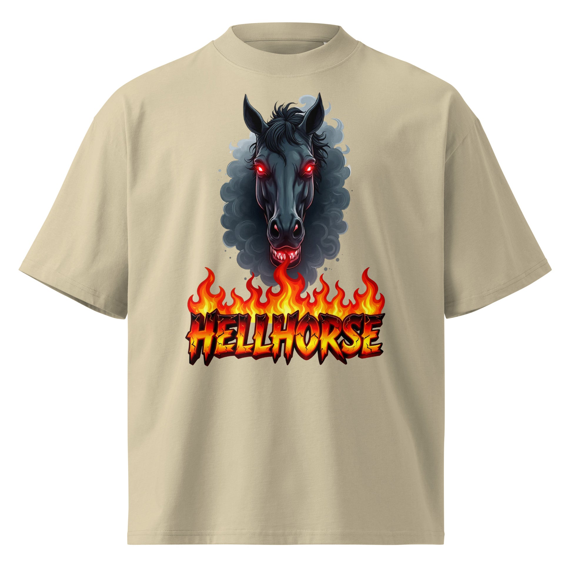 Unisex organic oversized high neck t-shirt - Hellhorse Unisex Organic Oversized High Neck T-Shirt – Fiery Street Rebel Fit by printfluence.net
