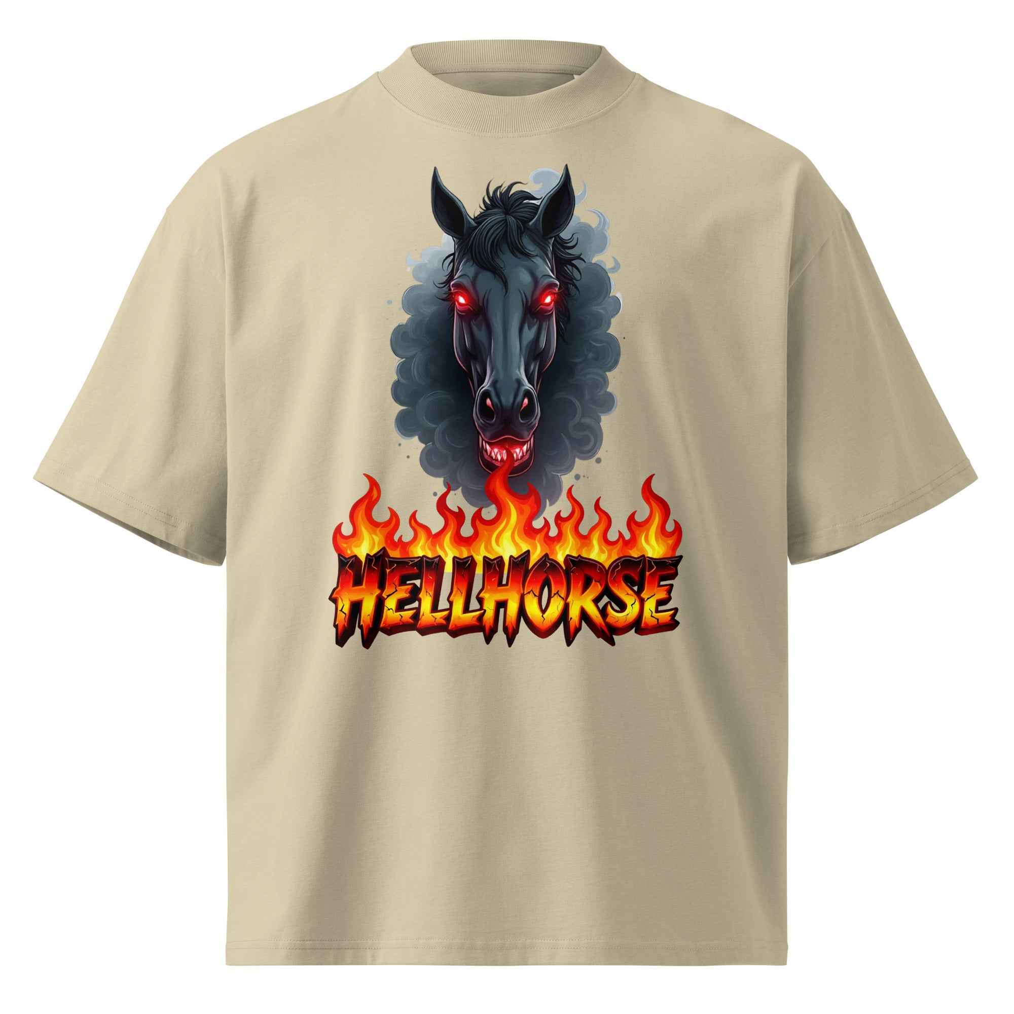 Unisex organic oversized high neck t-shirt - Hellhorse Unisex Organic Oversized High Neck T-Shirt – Fiery Street Rebel Fit by printfluence.net
