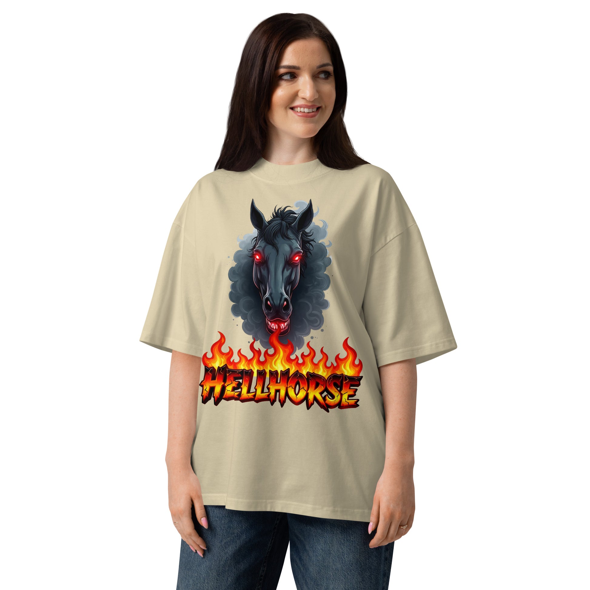 Unisex organic oversized high neck t-shirt - Hellhorse Unisex Organic Oversized High Neck T-Shirt – Fiery Street Rebel Fit by printfluence.net