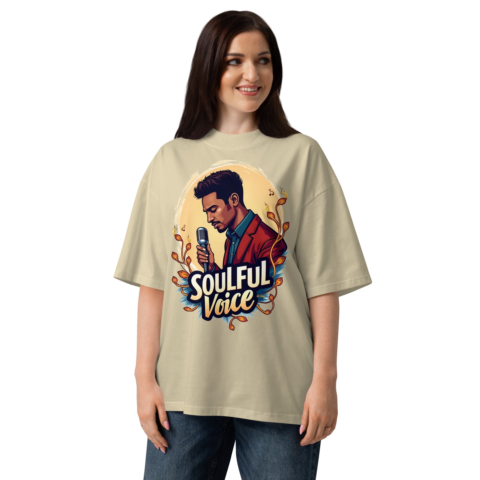 Unisex organic oversized high neck t-shirt - Soulful Voice Oversized T-Shirt – Unisex Organic High Neck Music Graphic by printfluence.net