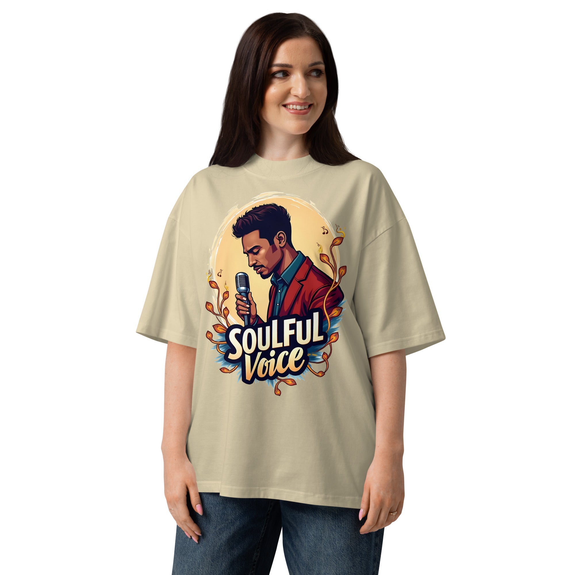 Unisex organic oversized high neck t-shirt - Soulful Voice Oversized T-Shirt – Unisex Organic High Neck Music Graphic by printfluence.net
