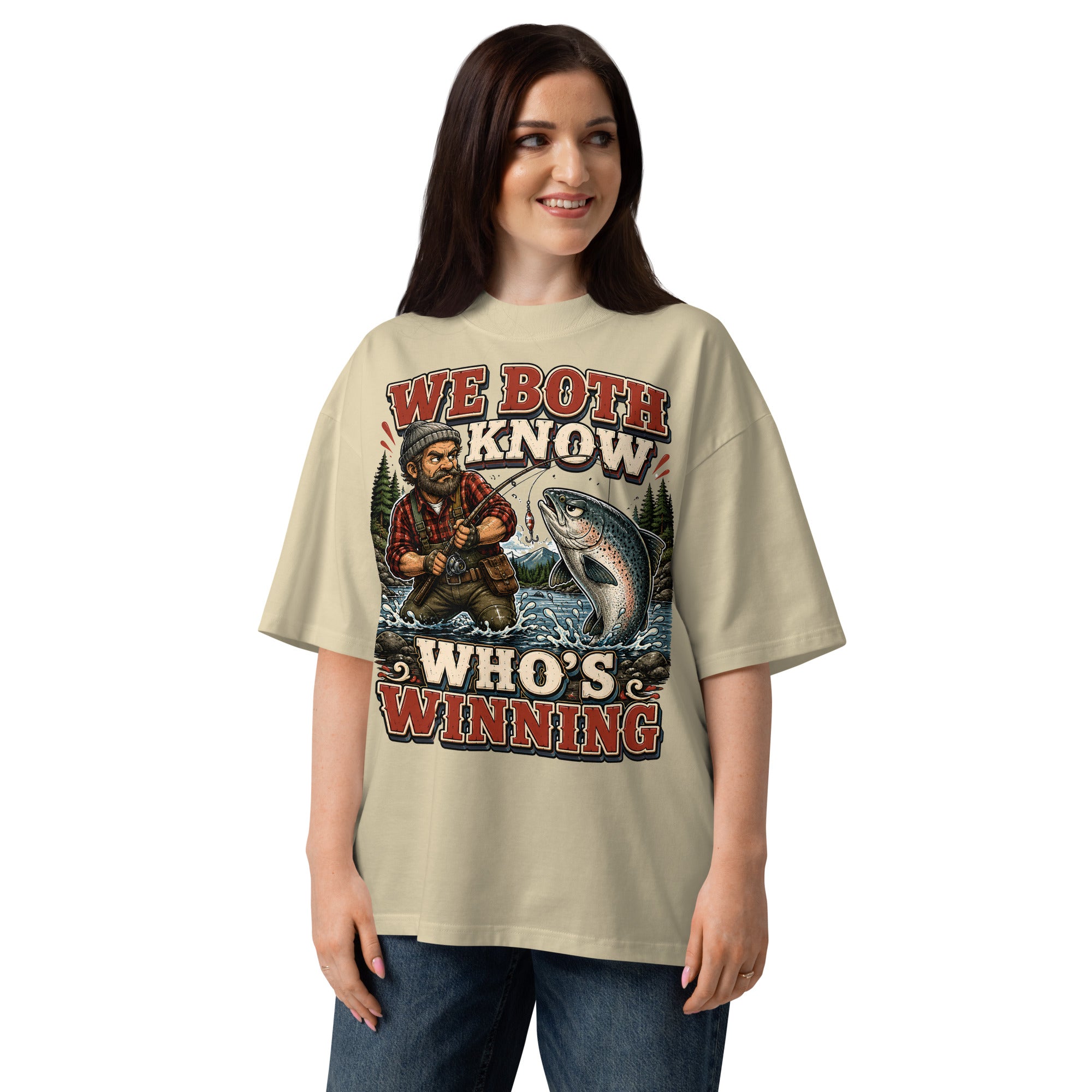 Who's Winning Fishing Oversized T-Shirt - Funny Trout Salmon Fishing Lovers High Neck Tee by printfluence.net