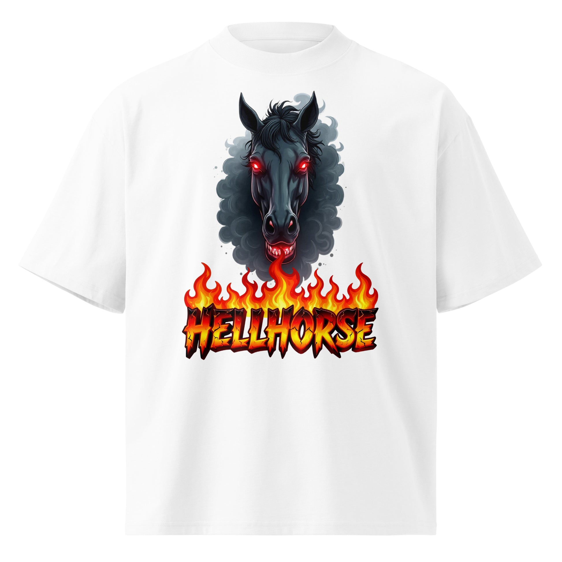 Unisex organic oversized high neck t-shirt - Hellhorse Unisex Organic Oversized High Neck T-Shirt – Fiery Street Rebel Fit by printfluence.net