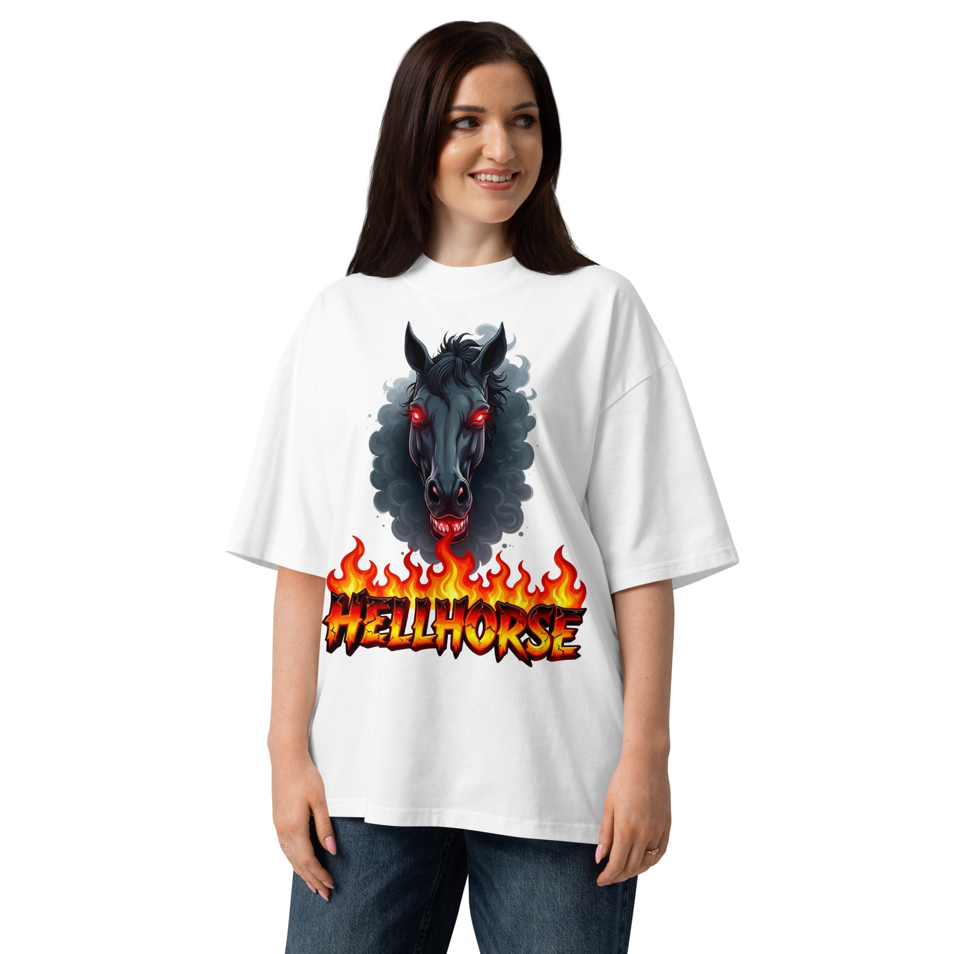 Unisex organic oversized high neck t-shirt - Hellhorse Unisex Organic Oversized High Neck T-Shirt – Fiery Street Rebel Fit by printfluence.net