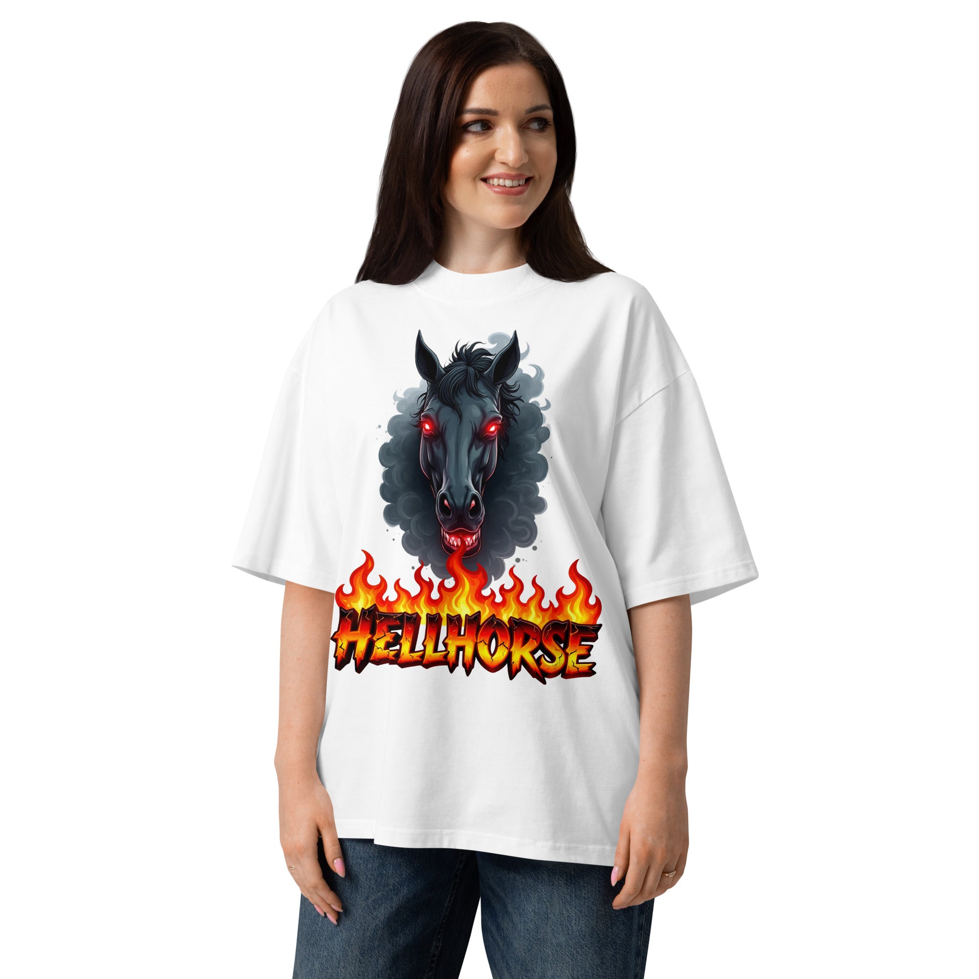 Unisex organic oversized high neck t-shirt - Hellhorse Unisex Organic Oversized High Neck T-Shirt – Fiery Street Rebel Fit by printfluence.net