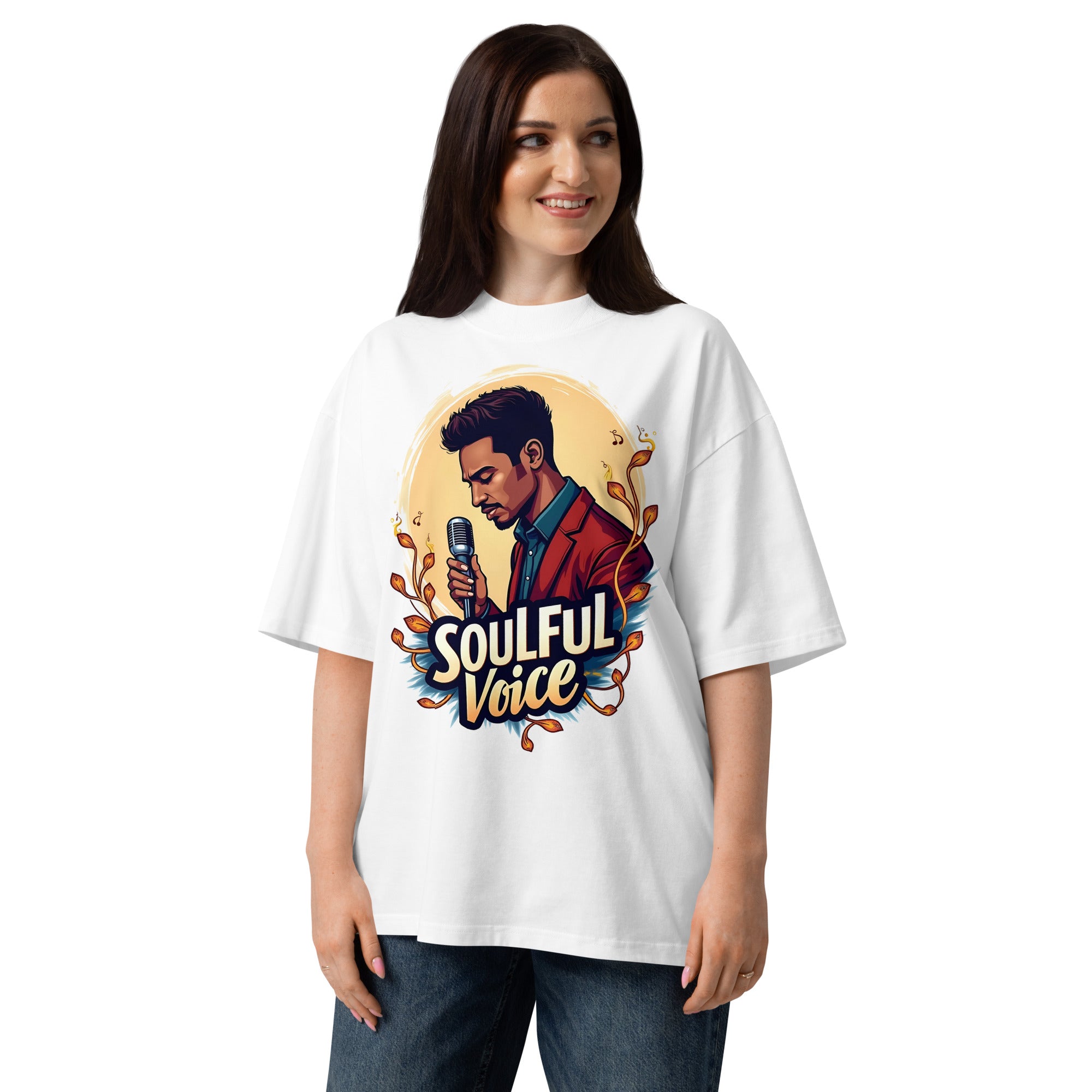 Unisex organic oversized high neck t-shirt - Soulful Voice Oversized T-Shirt – Unisex Organic High Neck Music Graphic by printfluence.net