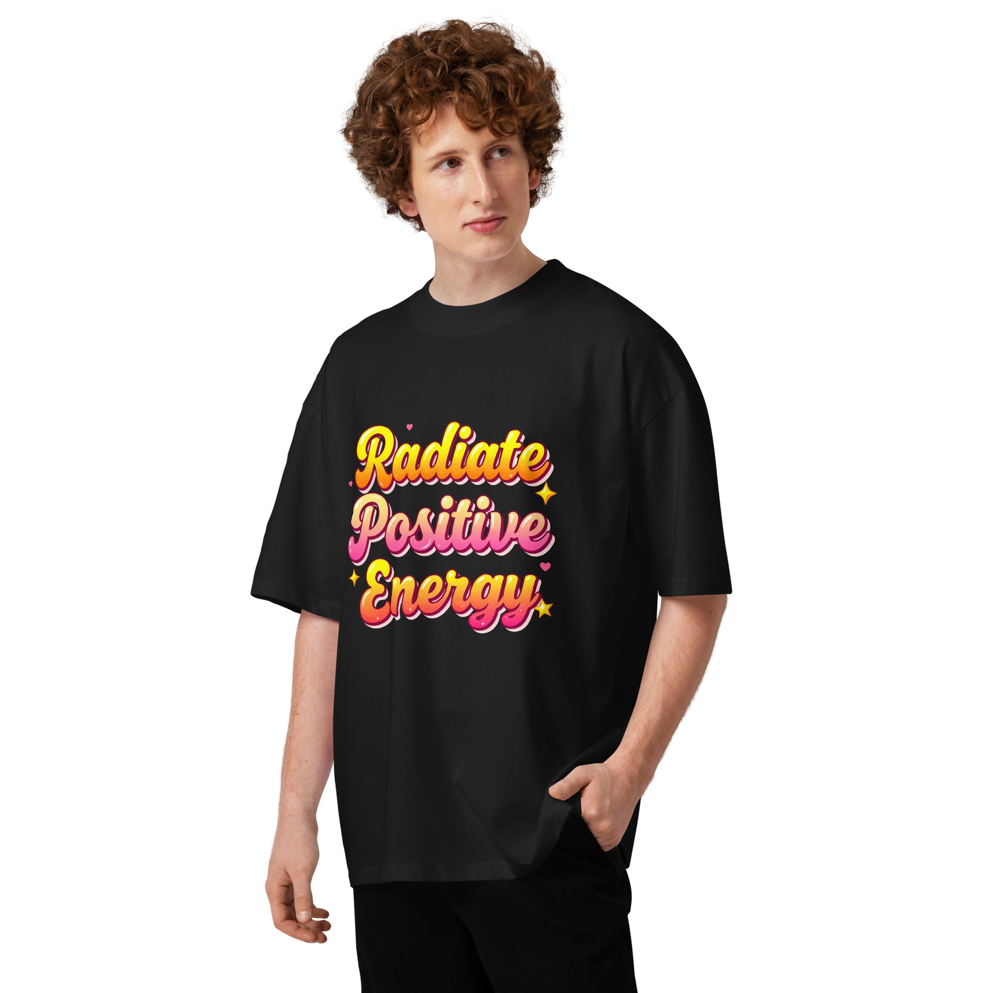Unisex organic oversized high neck t-shirt - Radiate Positive Energy Minimalist Motivational Quote T-Shirt by printfluence.net