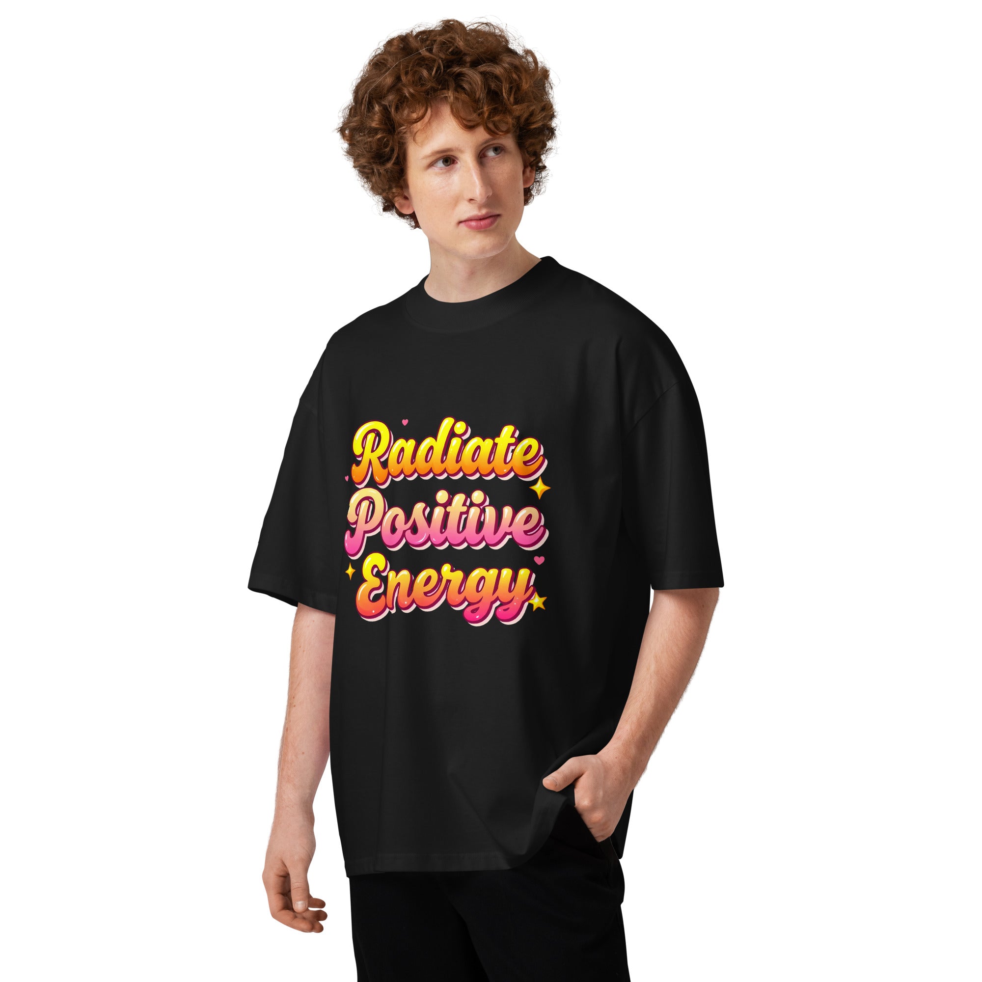 Unisex organic oversized high neck t-shirt - Radiate Positive Energy Minimalist Motivational Quote T-Shirt by printfluence.net