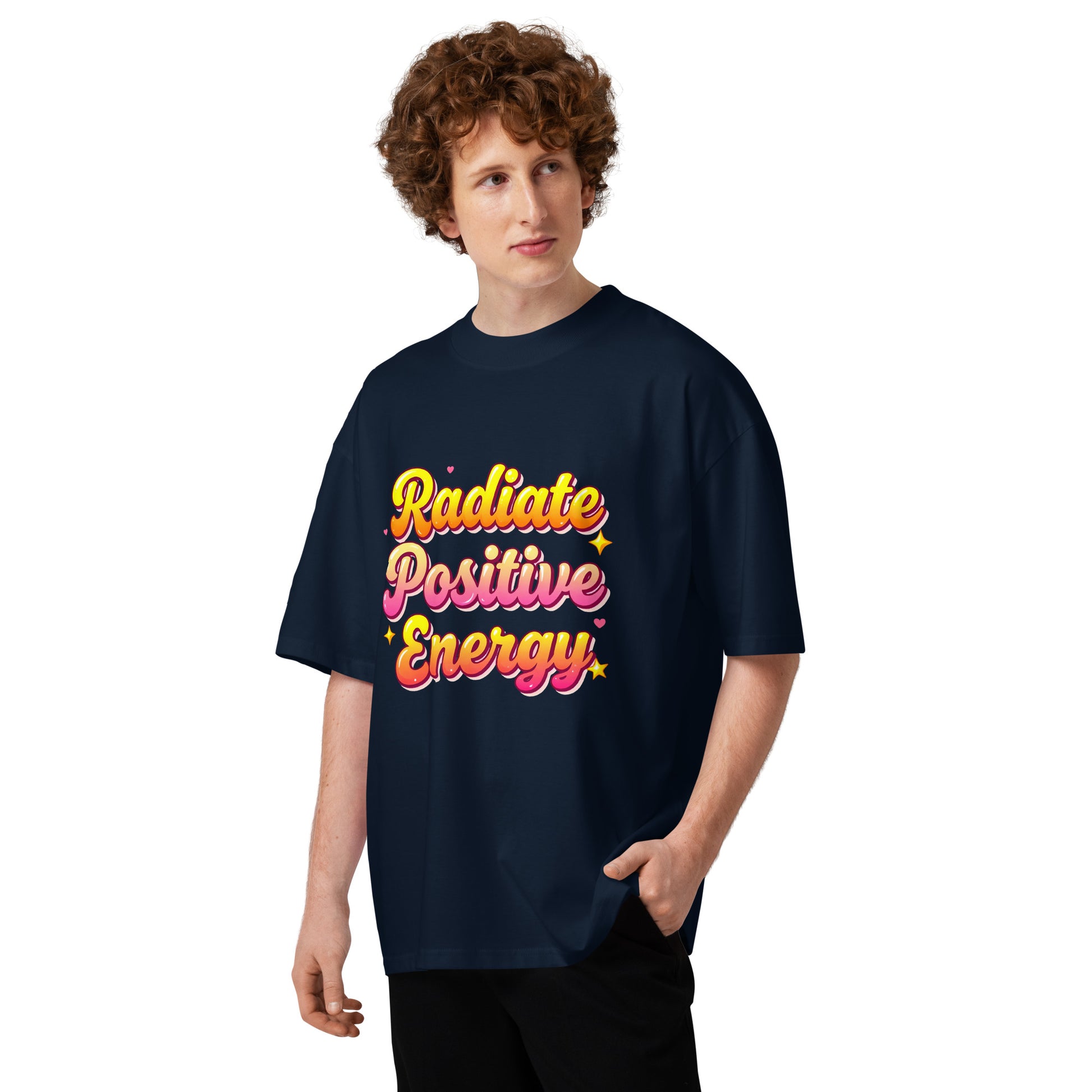 Unisex organic oversized high neck t-shirt - Radiate Positive Energy Minimalist Motivational Quote T-Shirt by printfluence.net