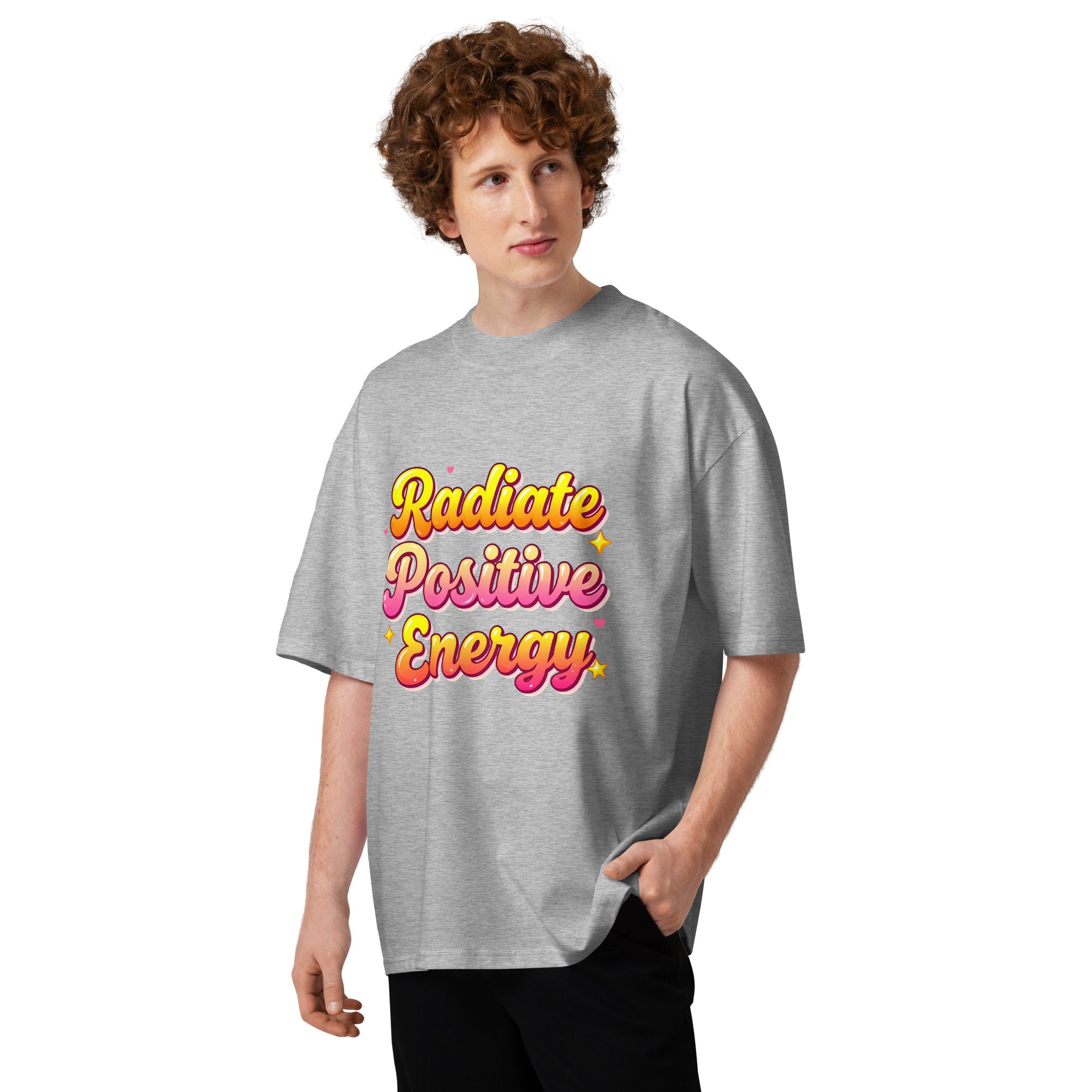 Unisex organic oversized high neck t-shirt - Radiate Positive Energy Minimalist Motivational Quote T-Shirt by printfluence.net