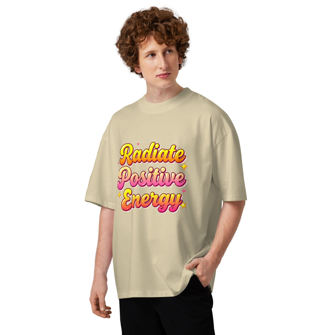 Unisex organic oversized high neck t-shirt - Radiate Positive Energy Minimalist Motivational Quote T-Shirt by printfluence.net