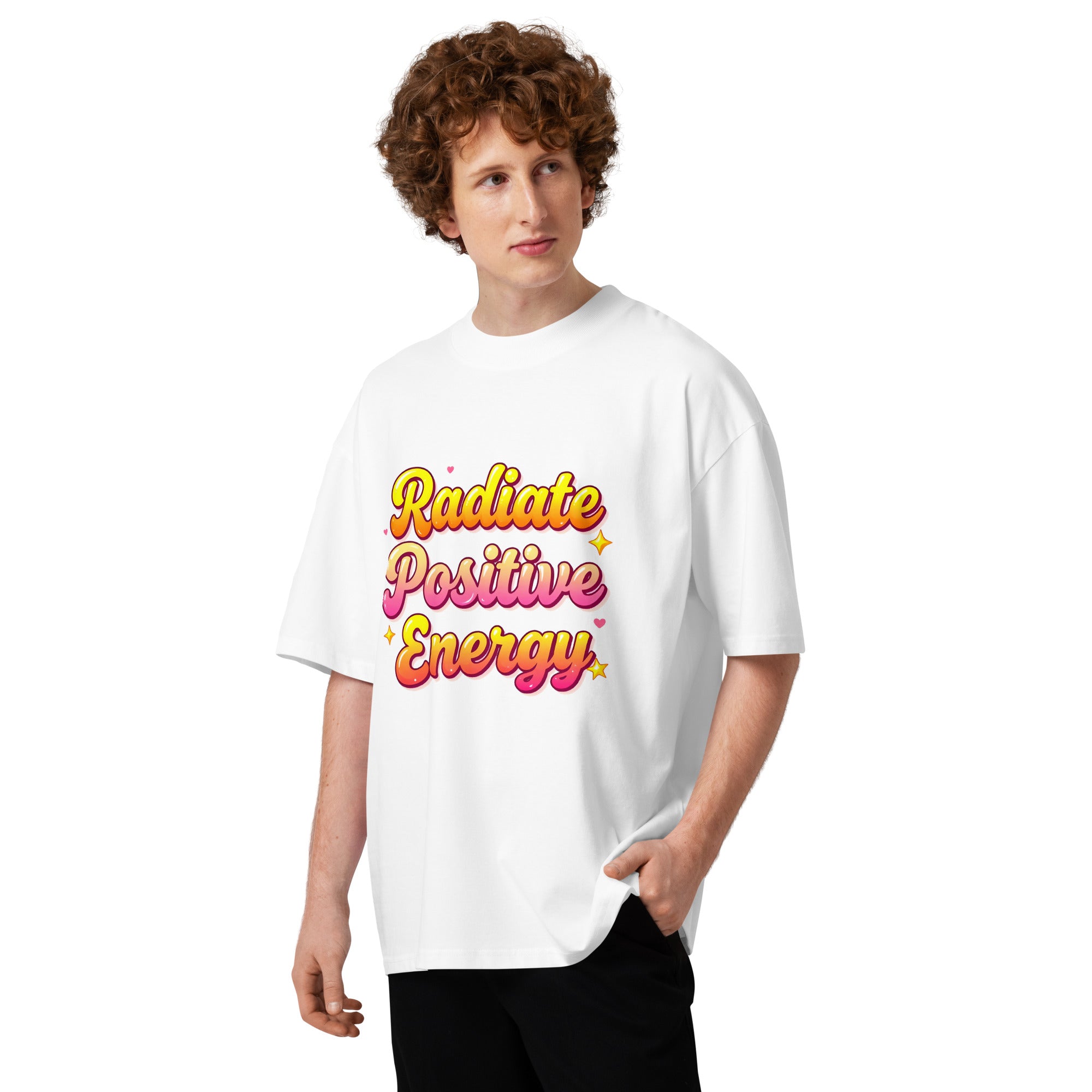 Unisex organic oversized high neck t-shirt - Radiate Positive Energy Minimalist Motivational Quote T-Shirt by printfluence.net