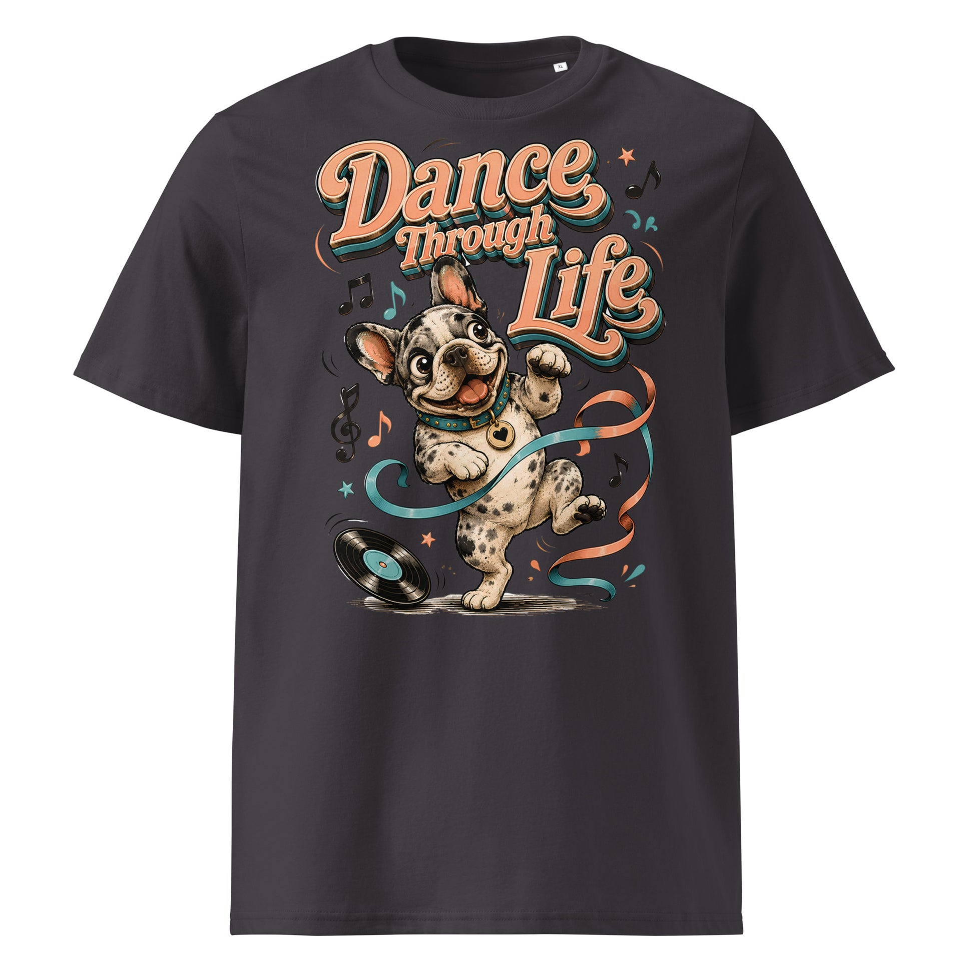 French Bulldog "Dance Through Life" Organic Ribbed Neck T-Shirt by printfluence.net