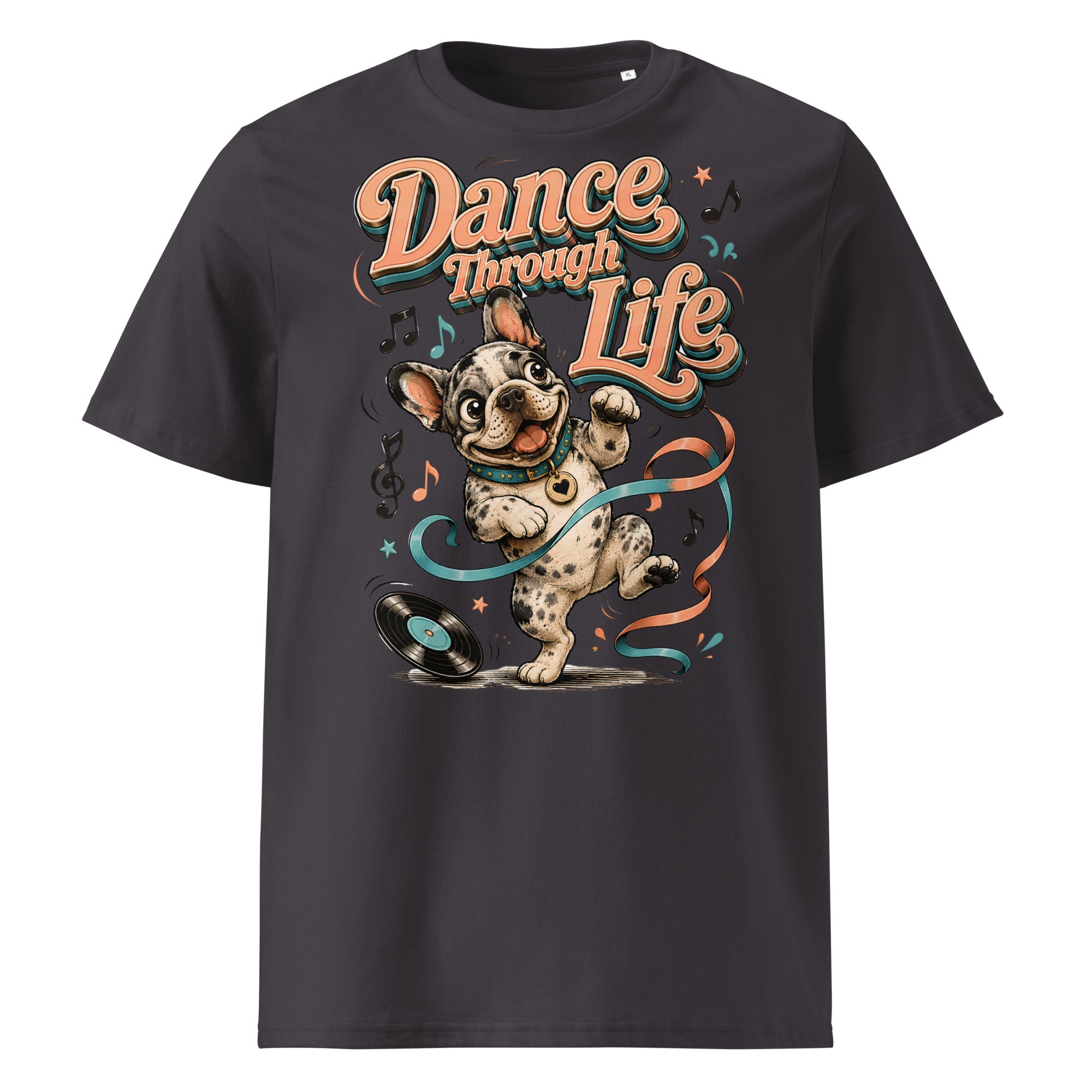 French Bulldog "Dance Through Life" Organic Ribbed Neck T-Shirt by printfluence.net