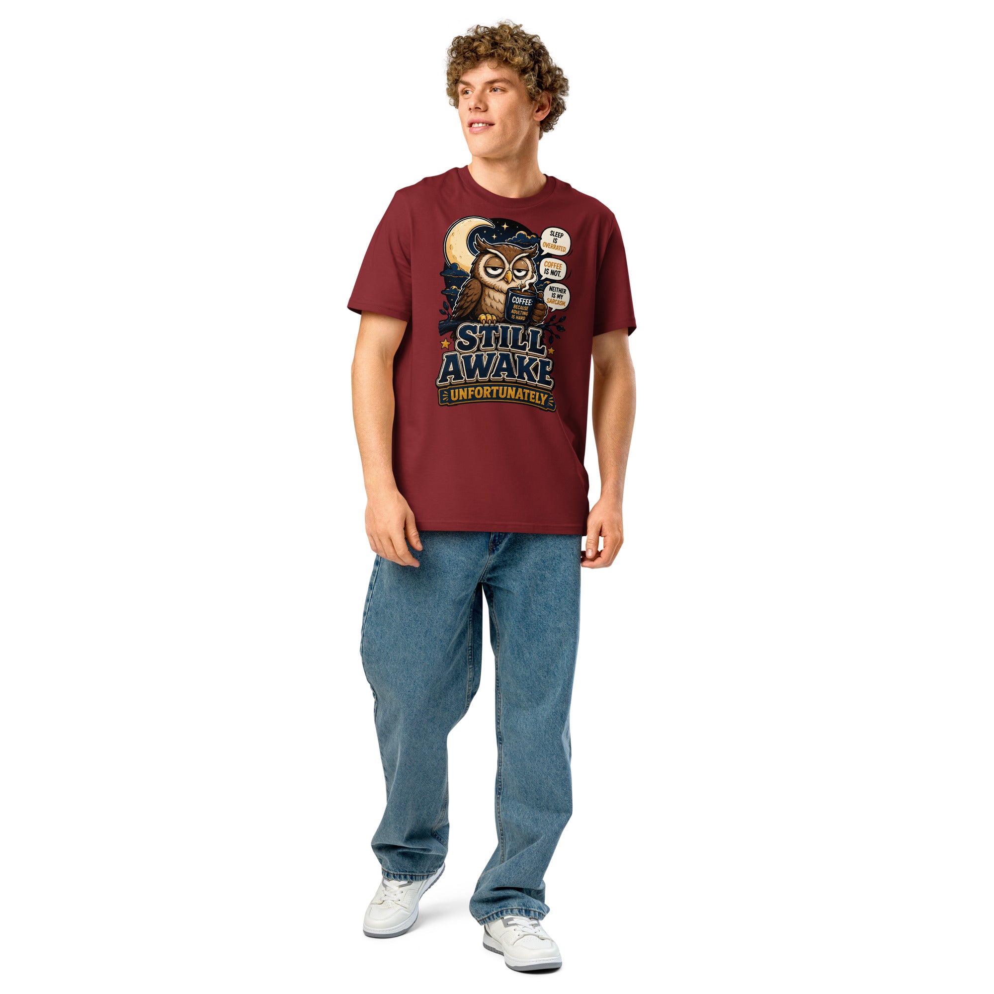 Coffee Lovers Organic Ribbed Neck Tee - Still Awake, Unfortunately! by printfluence.net