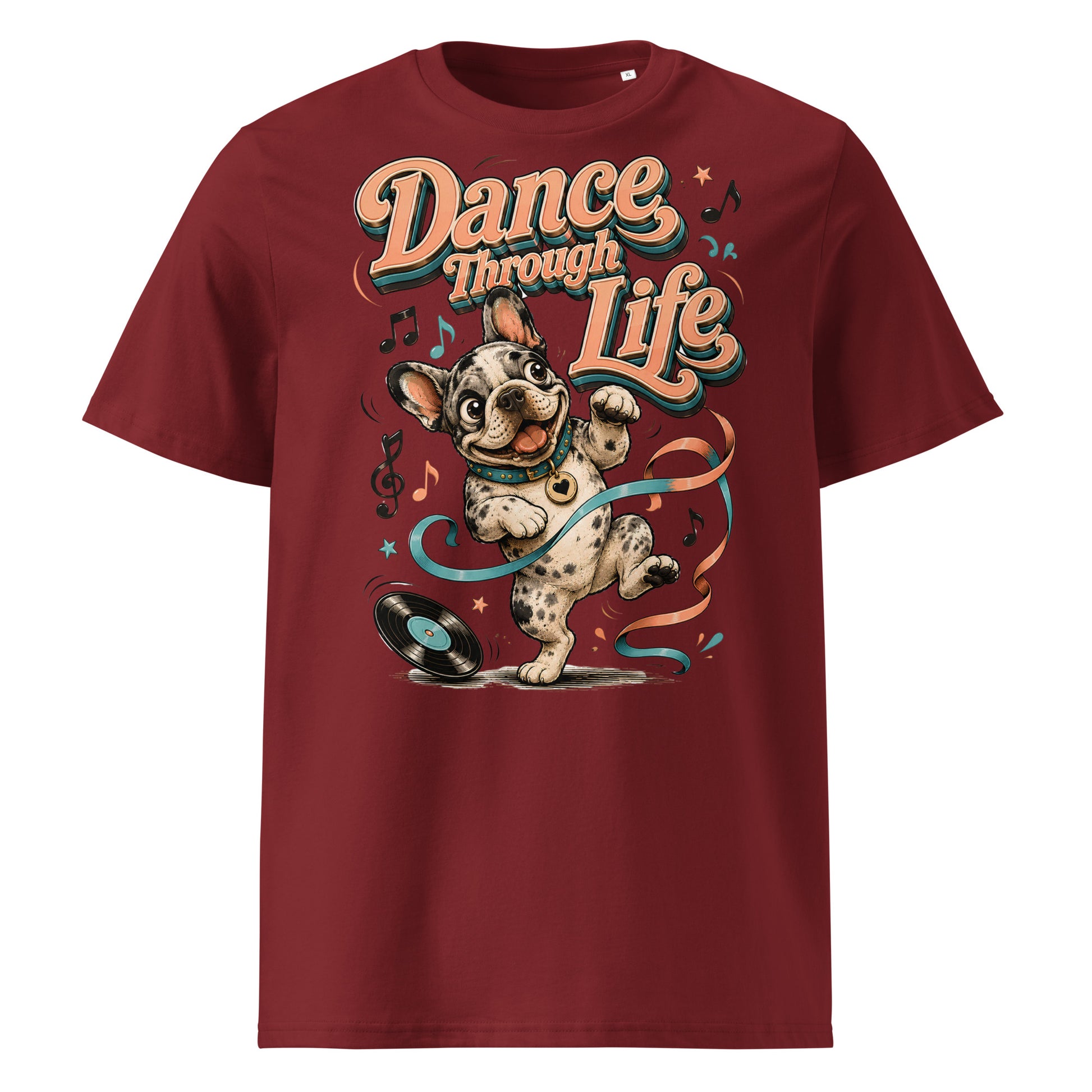 French Bulldog "Dance Through Life" Organic Ribbed Neck T-Shirt by printfluence.net
