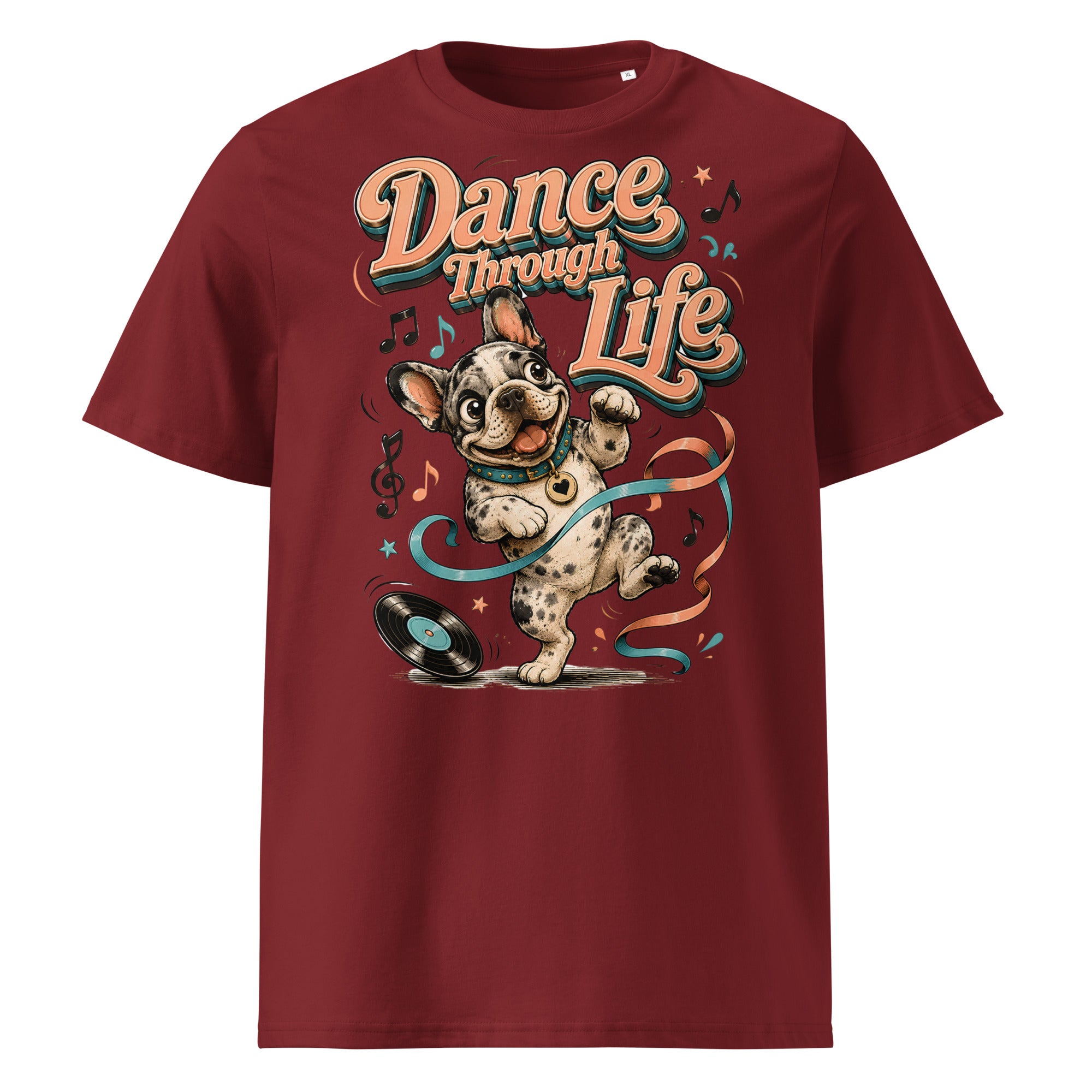 French Bulldog "Dance Through Life" Organic Ribbed Neck T-Shirt by printfluence.net