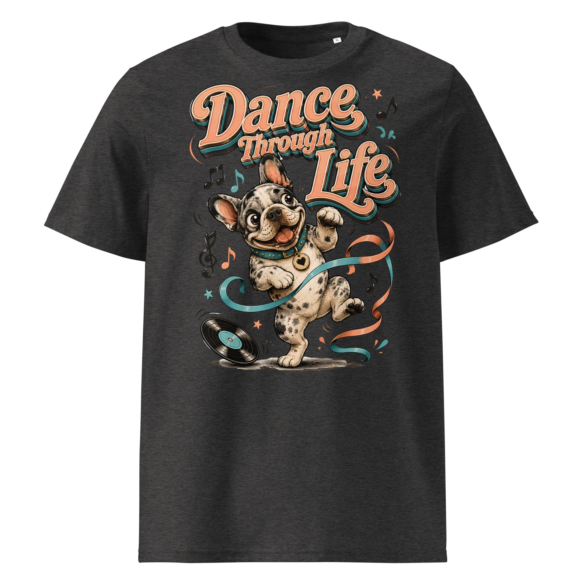 French Bulldog "Dance Through Life" Organic Ribbed Neck T-Shirt by printfluence.net