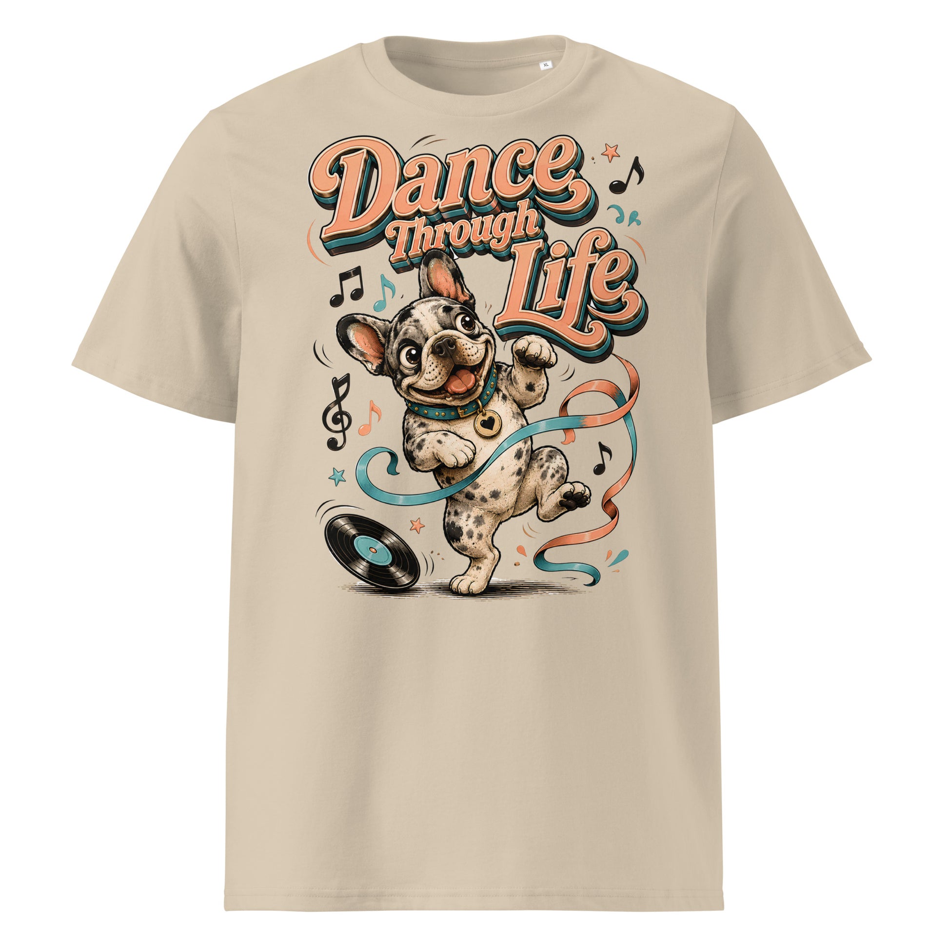French Bulldog "Dance Through Life" Organic Ribbed Neck T-Shirt by printfluence.net