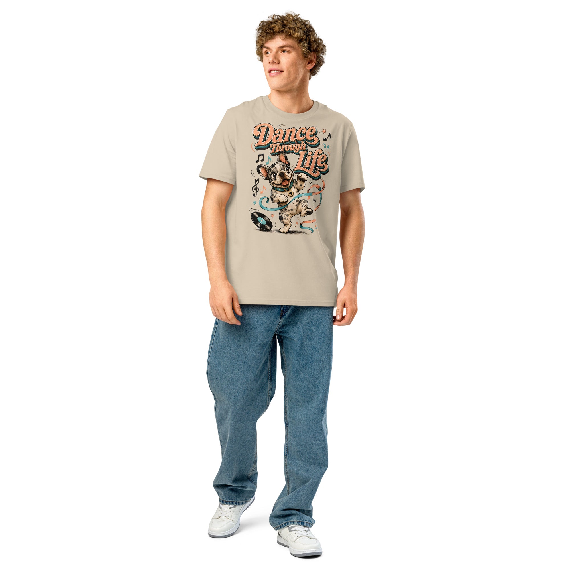 French Bulldog "Dance Through Life" Organic Ribbed Neck T-Shirt by printfluence.net