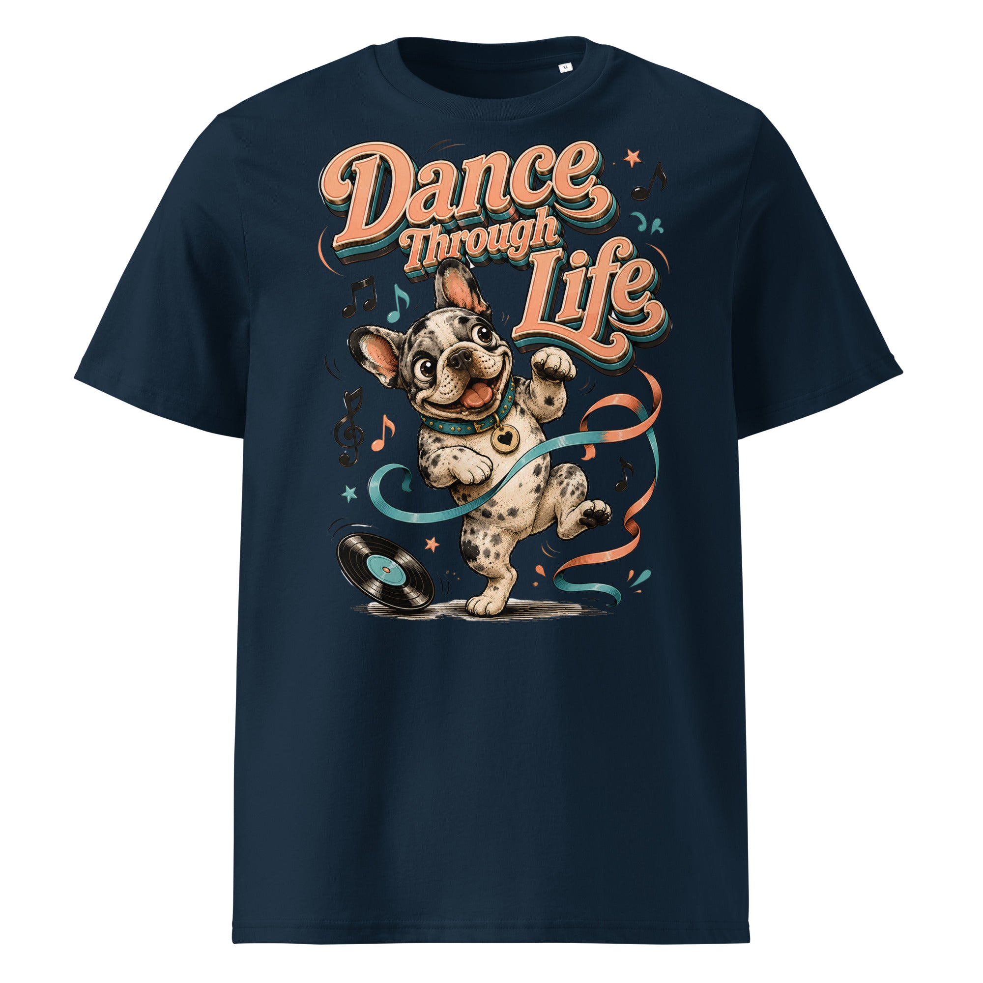 French Bulldog "Dance Through Life" Organic Ribbed Neck T-Shirt by printfluence.net