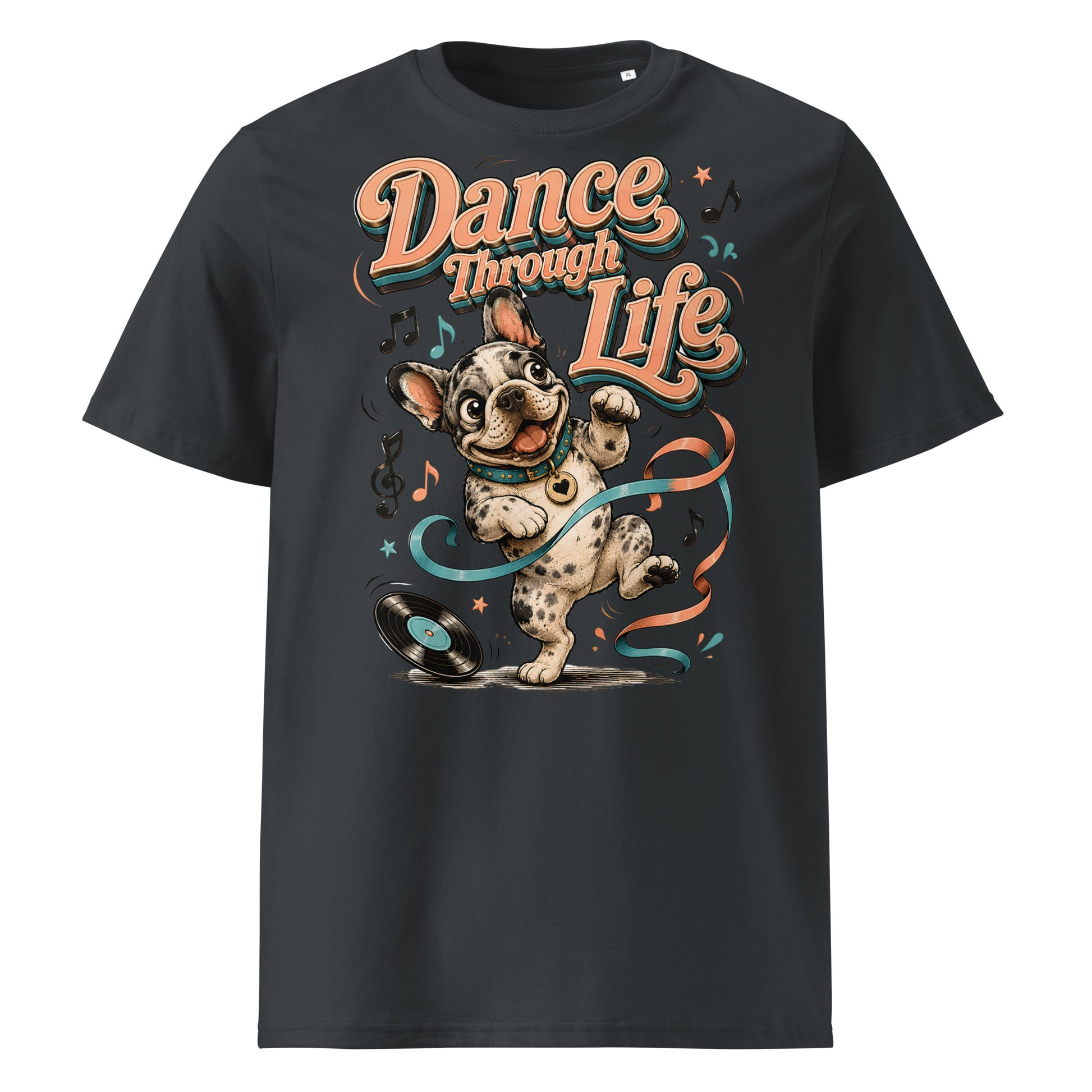 French Bulldog "Dance Through Life" Organic Ribbed Neck T-Shirt by printfluence.net