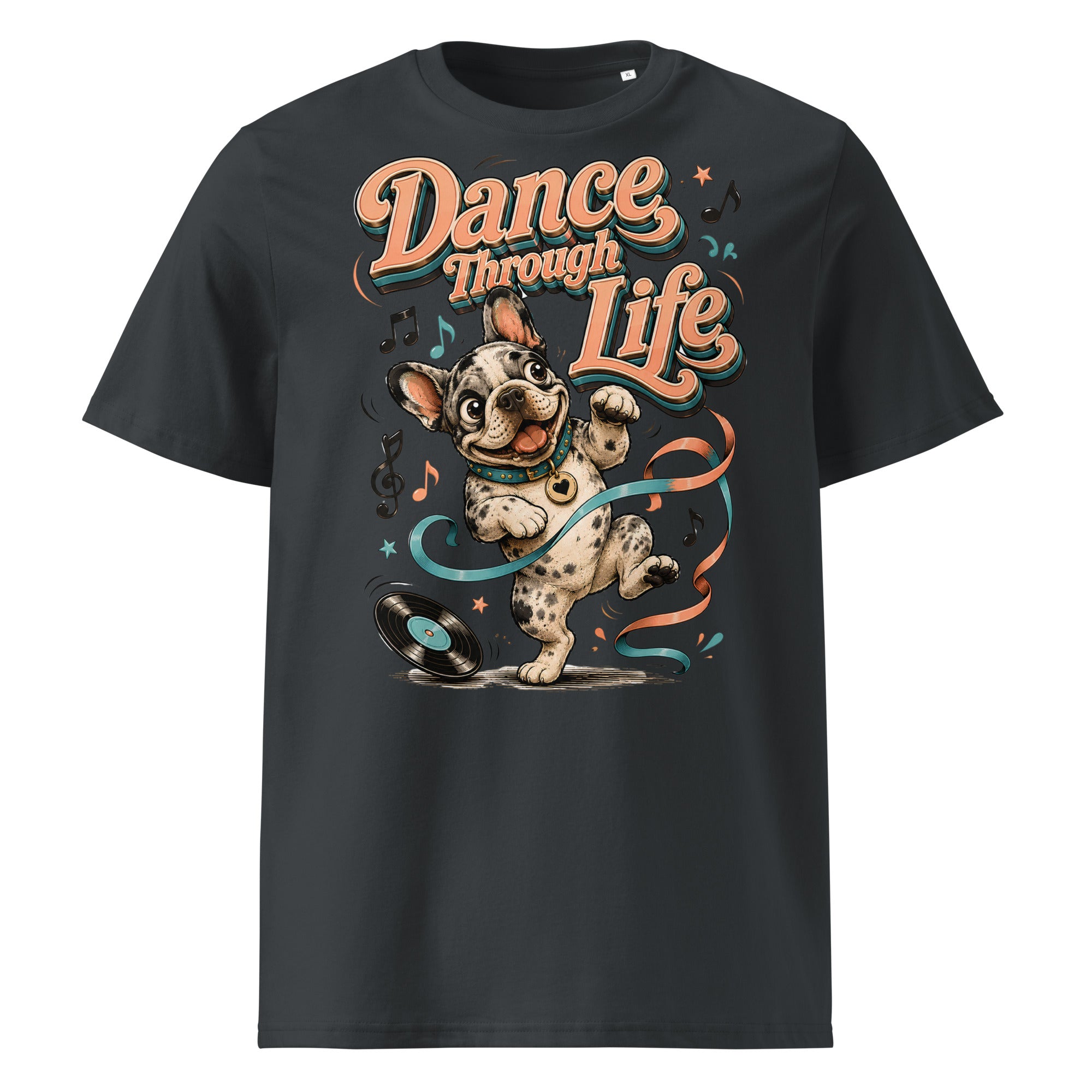 French Bulldog "Dance Through Life" Organic Ribbed Neck T-Shirt by printfluence.net