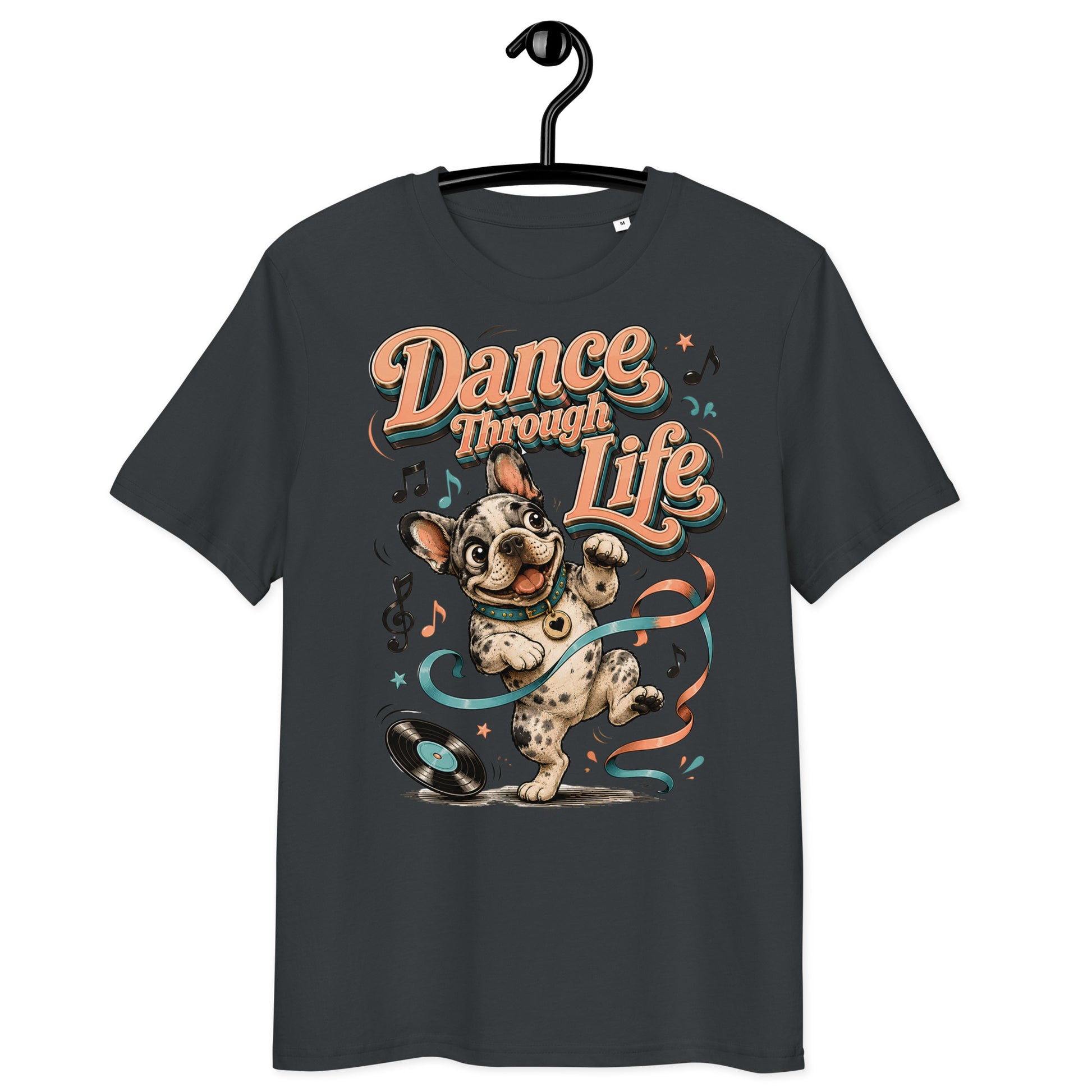 French Bulldog "Dance Through Life" Organic Ribbed Neck T-Shirt by printfluence.net