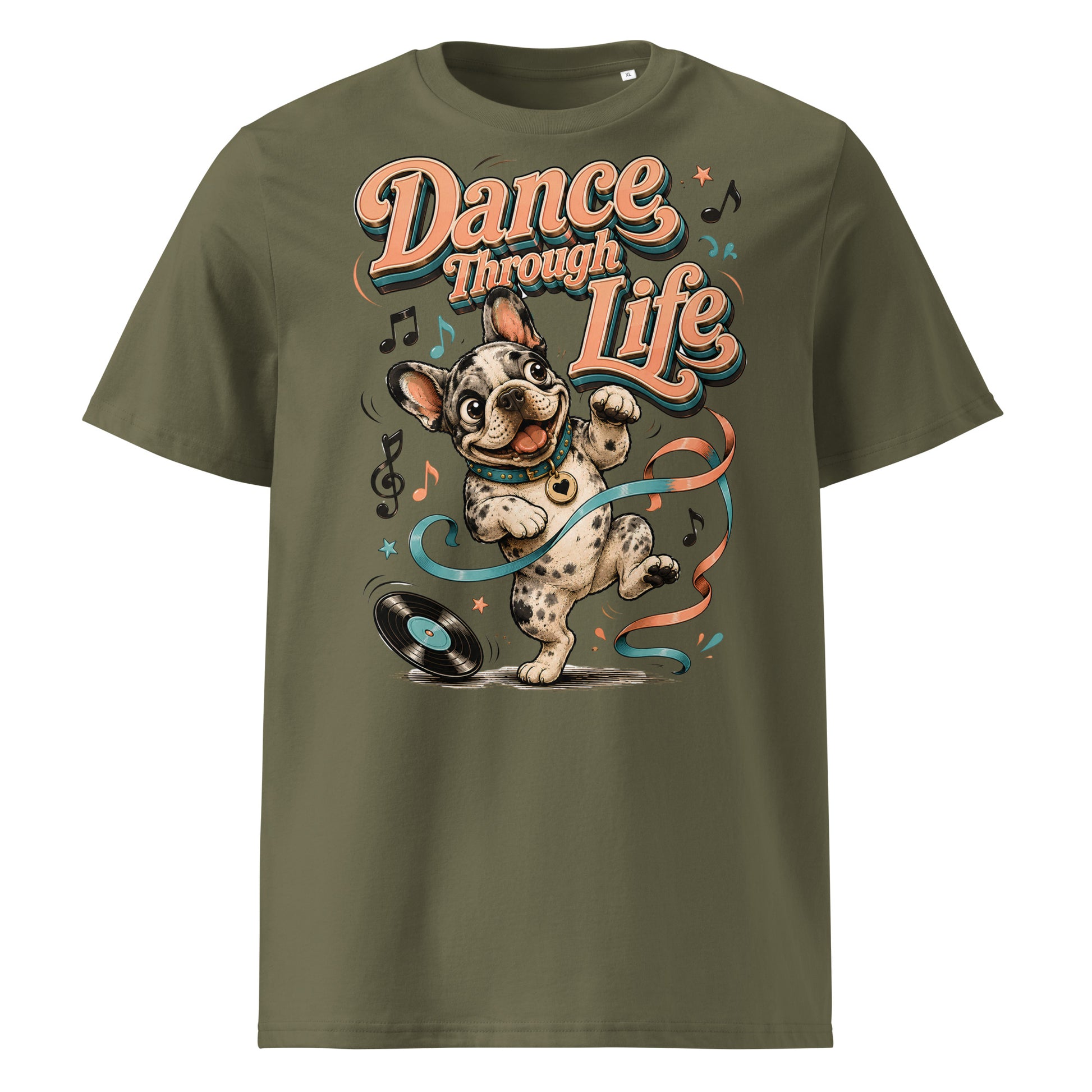 French Bulldog "Dance Through Life" Organic Ribbed Neck T-Shirt by printfluence.net