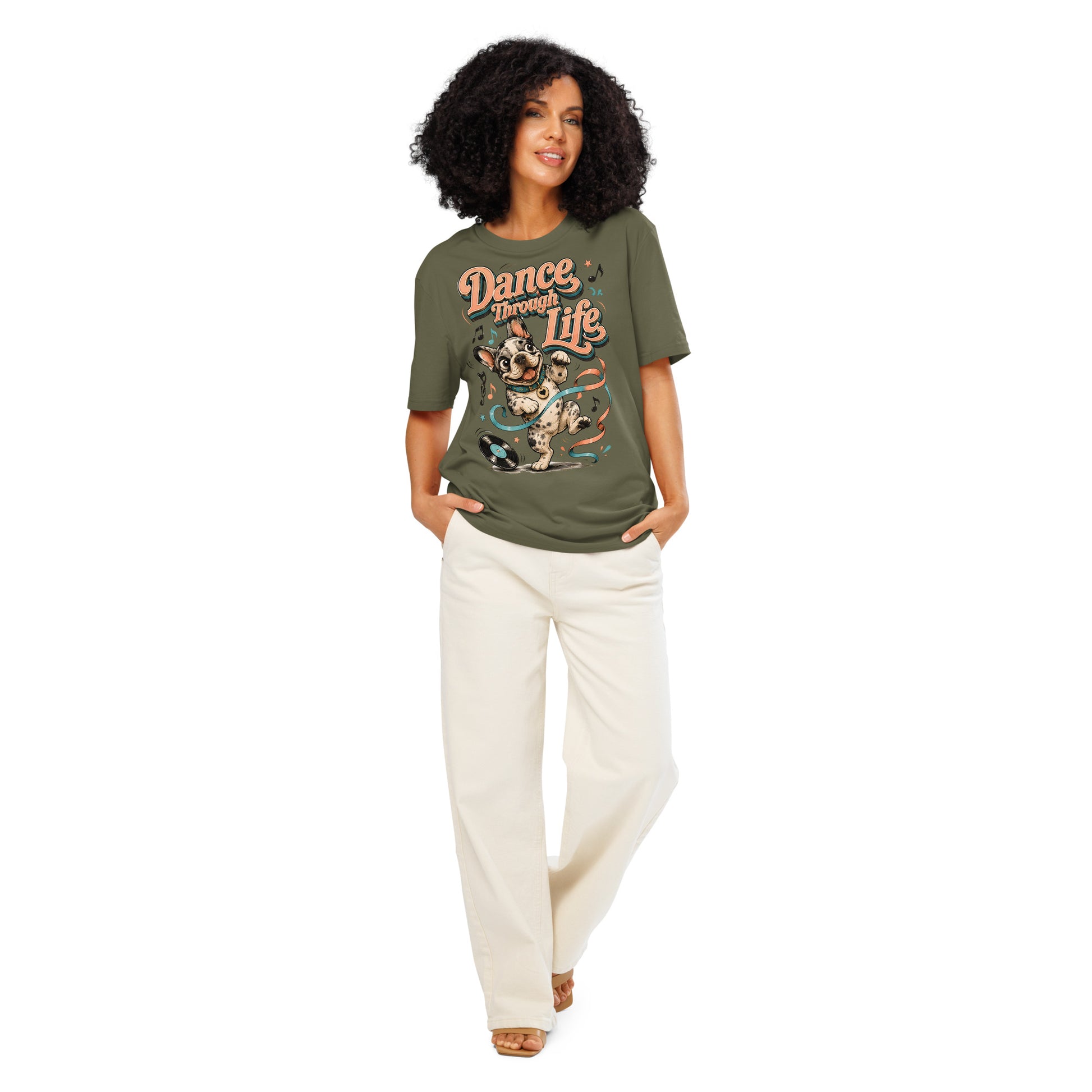 French Bulldog "Dance Through Life" Organic Ribbed Neck T-Shirt by printfluence.net