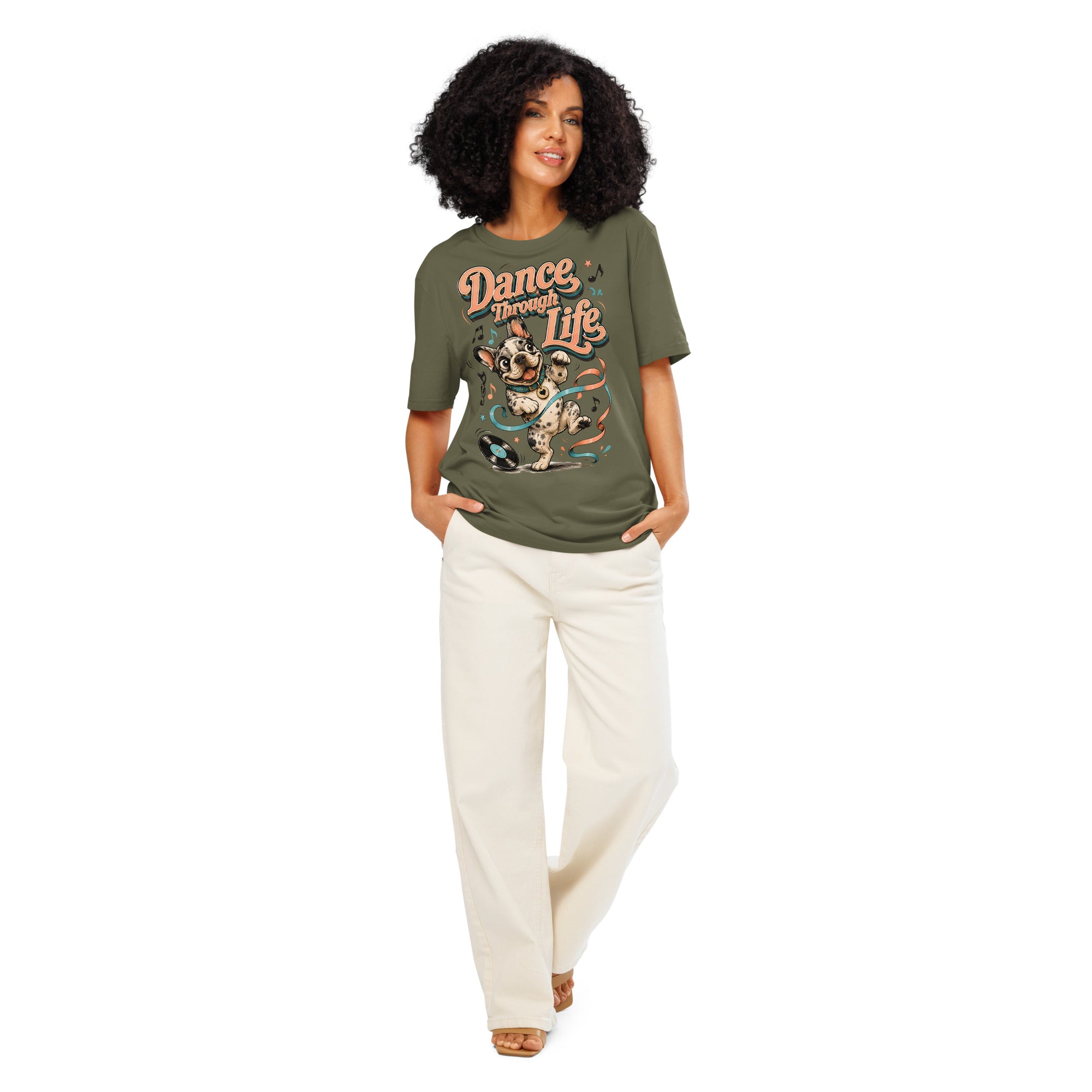 French Bulldog "Dance Through Life" Organic Ribbed Neck T-Shirt by printfluence.net