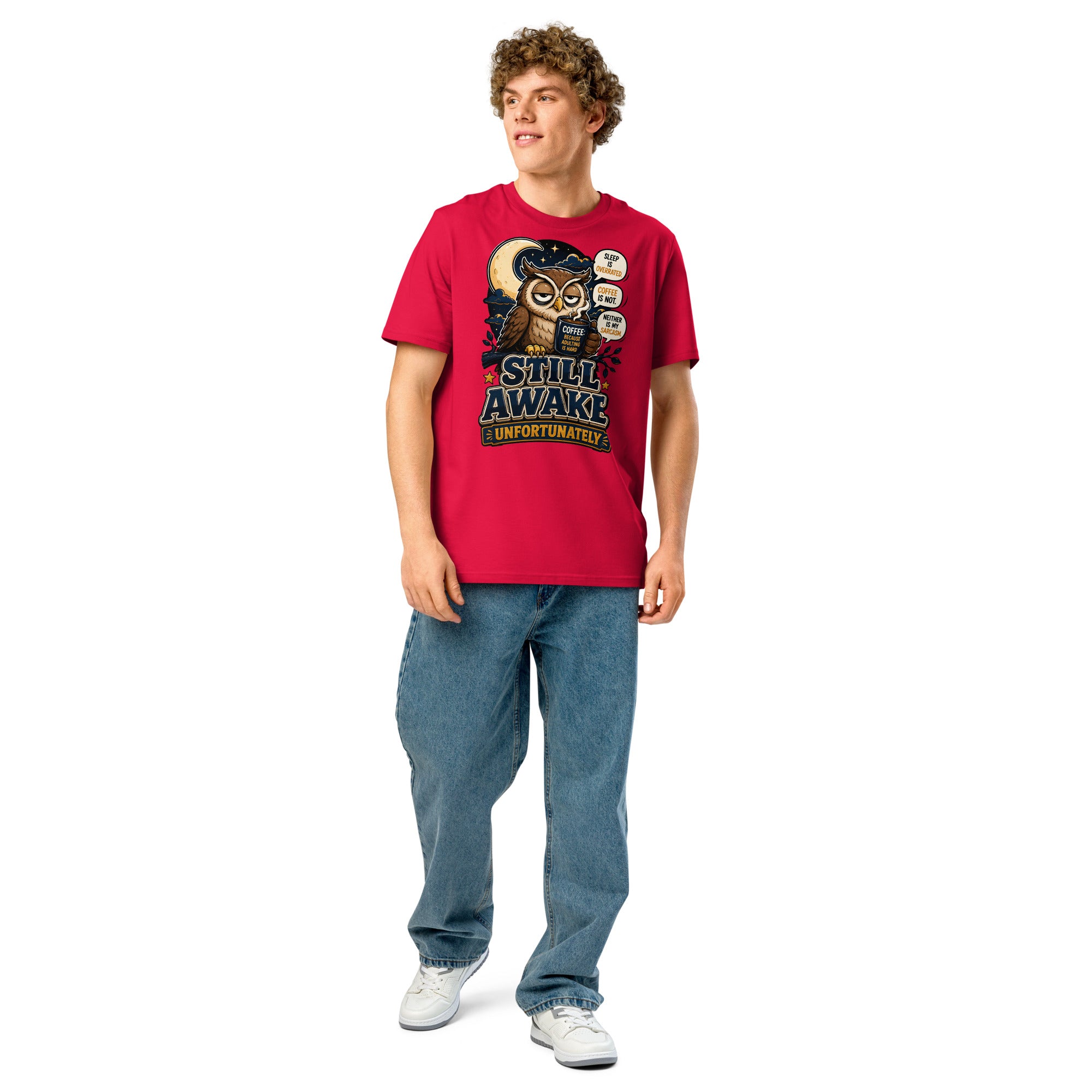 Coffee Lovers Organic Ribbed Neck Tee - Still Awake, Unfortunately! by printfluence.net