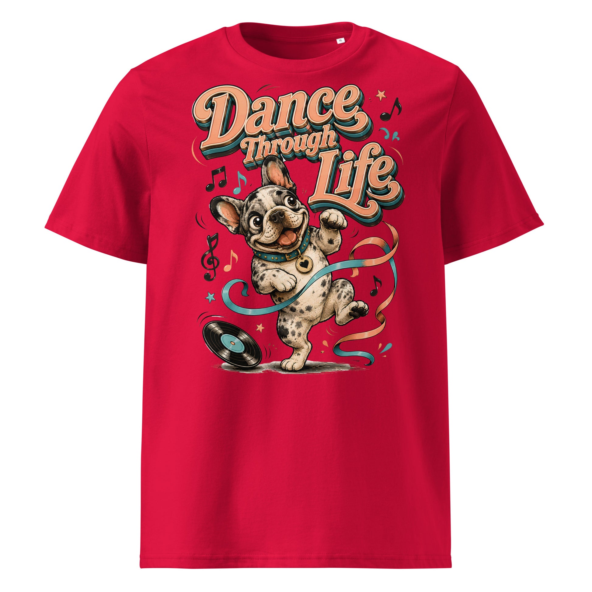 French Bulldog "Dance Through Life" Organic Ribbed Neck T-Shirt by printfluence.net