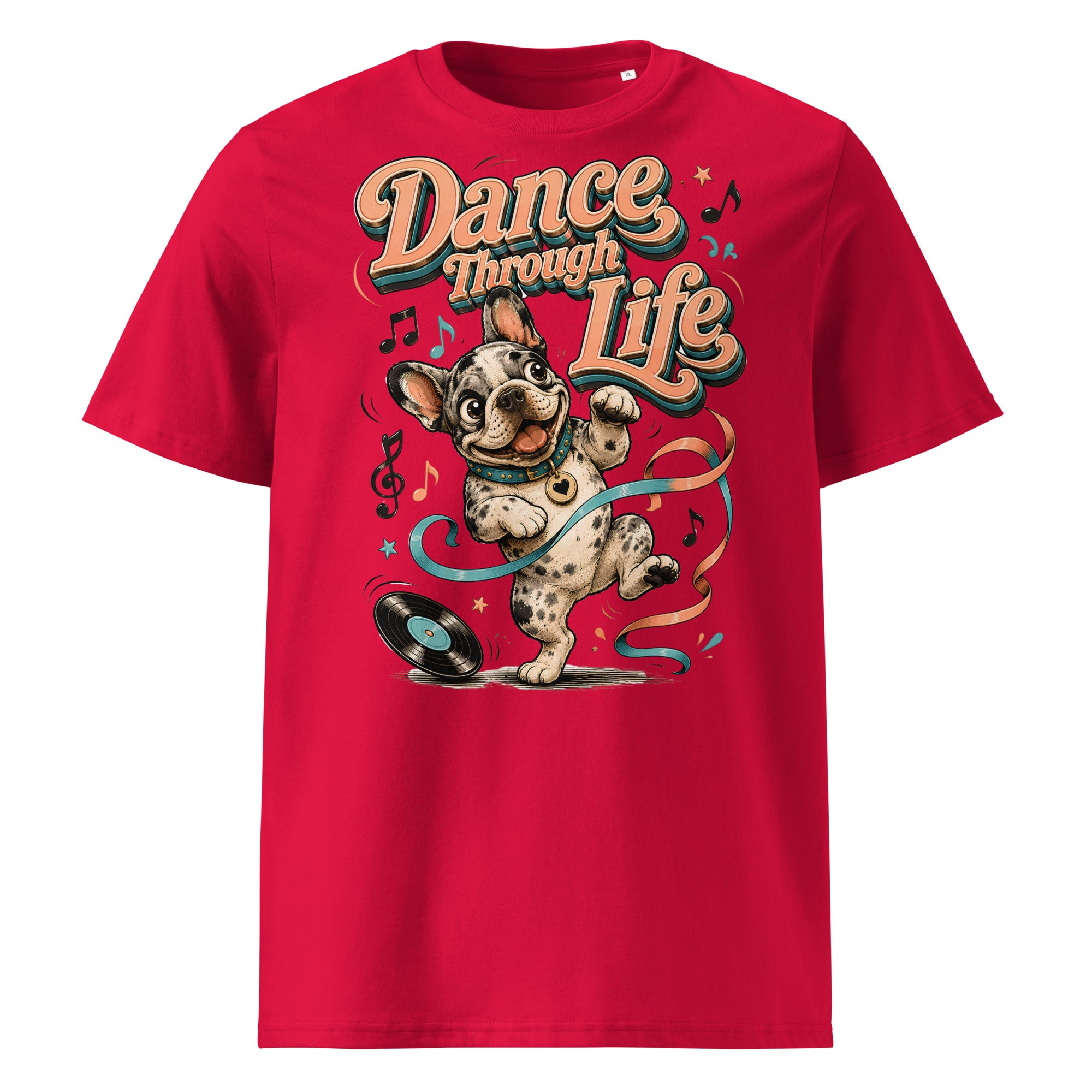 French Bulldog "Dance Through Life" Organic Ribbed Neck T-Shirt by printfluence.net