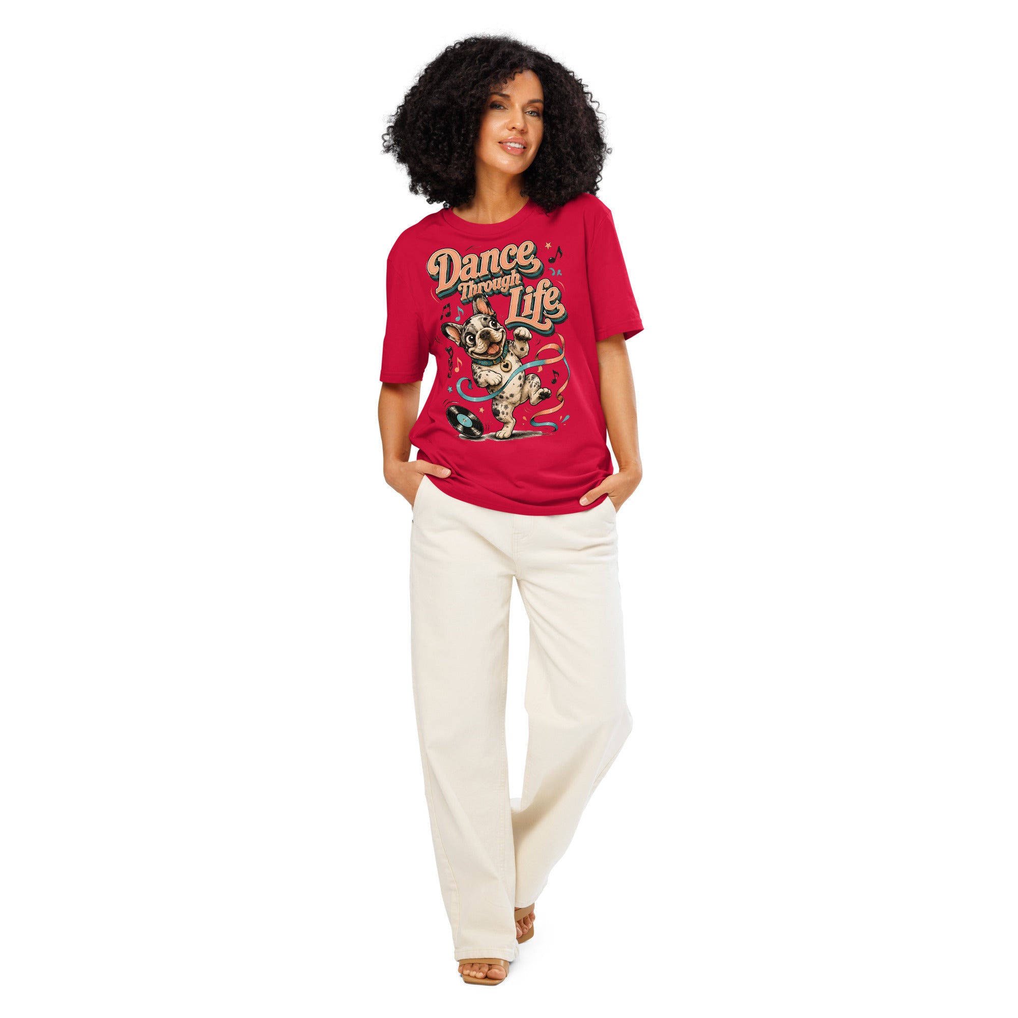 French Bulldog "Dance Through Life" Organic Ribbed Neck T-Shirt by printfluence.net
