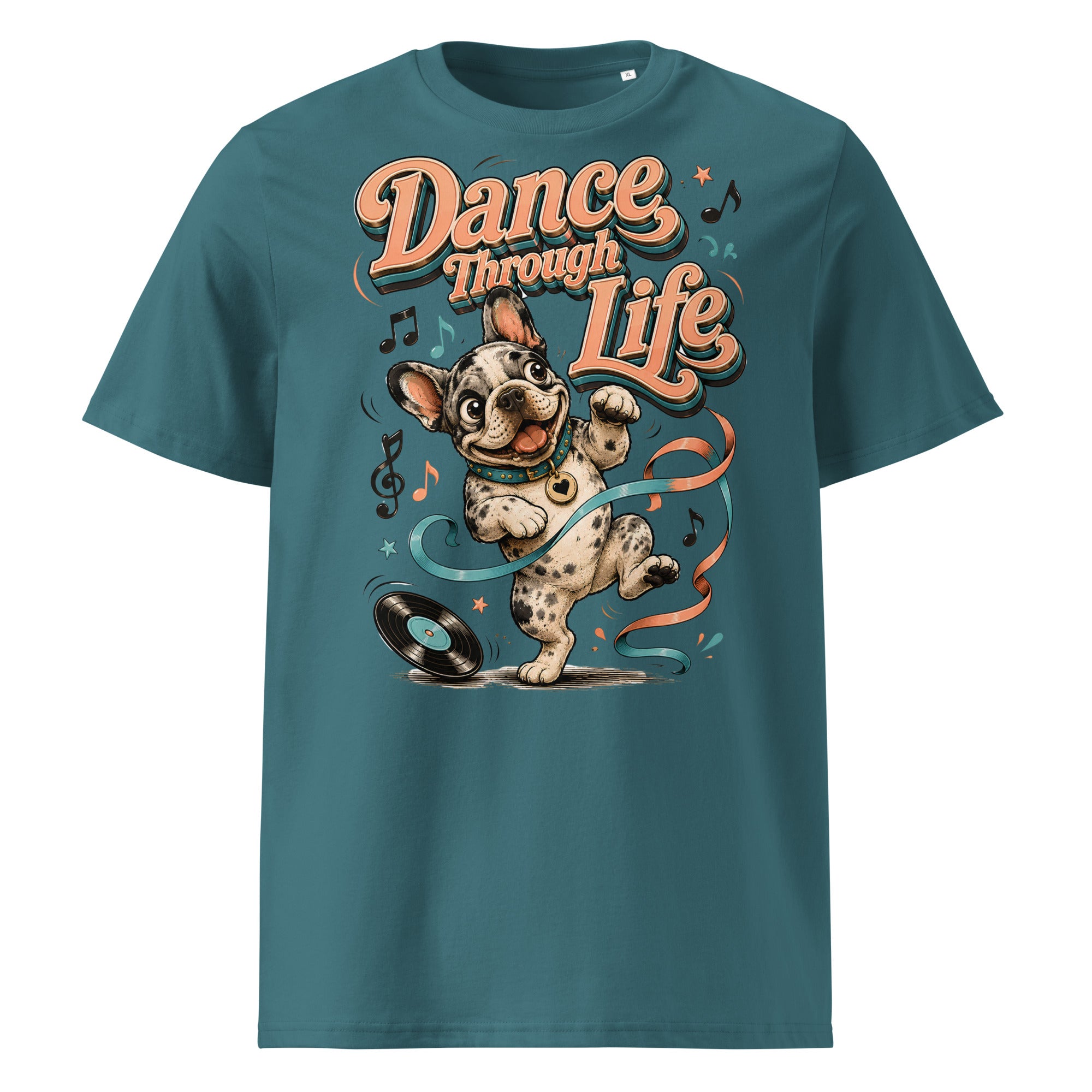 French Bulldog "Dance Through Life" Organic Ribbed Neck T-Shirt by printfluence.net