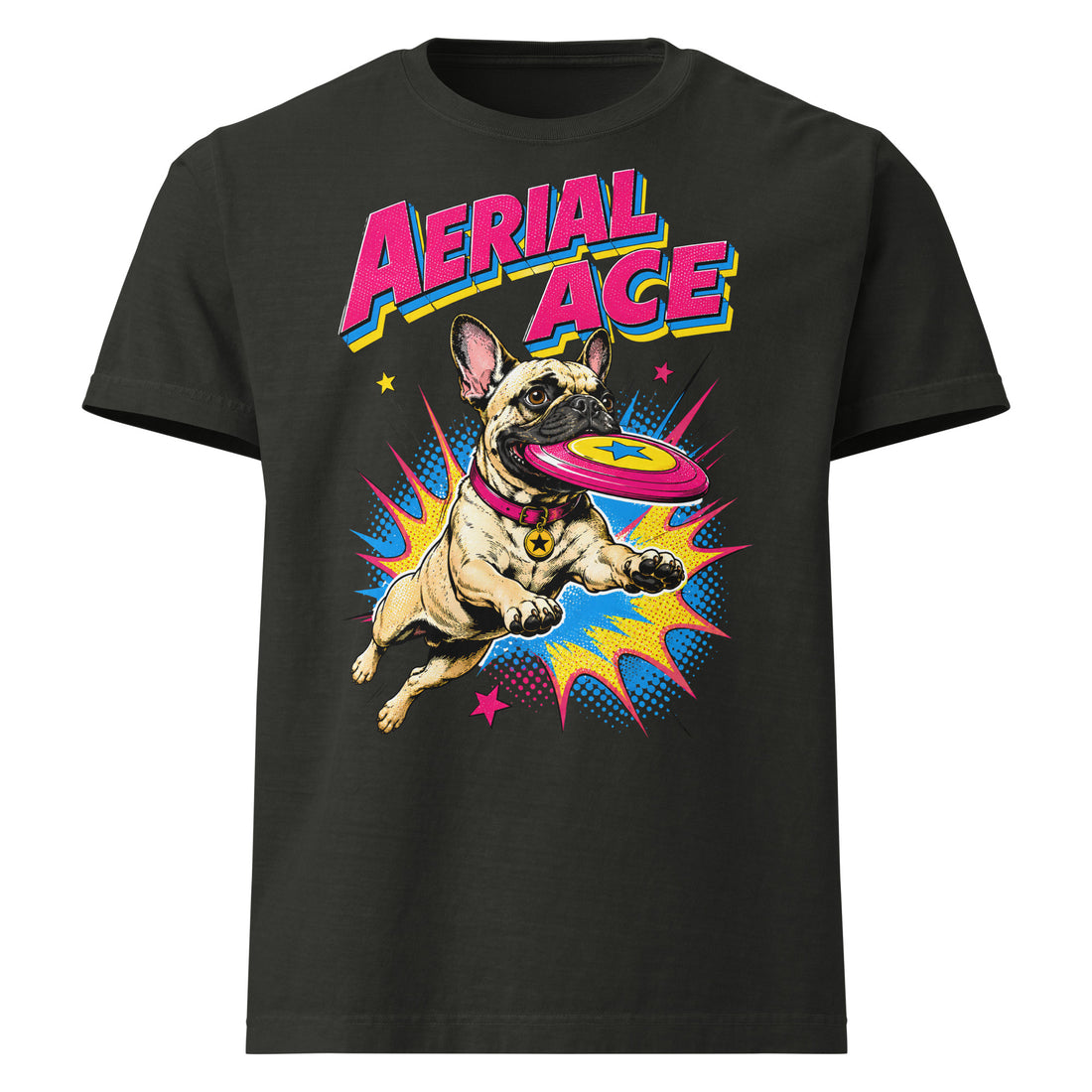 Frenchie Aerial Ace Graphic Tee - Oversized Garment Dyed French Bulldog Lovers T-Shirt T-25 by printfluence.net