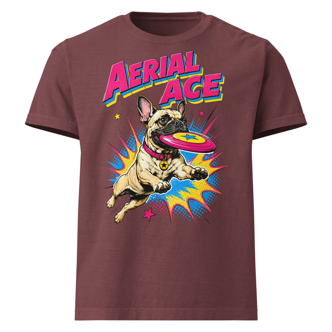 Frenchie Aerial Ace Graphic Tee - Oversized Garment Dyed French Bulldog Lovers T-Shirt T-25 by printfluence.net