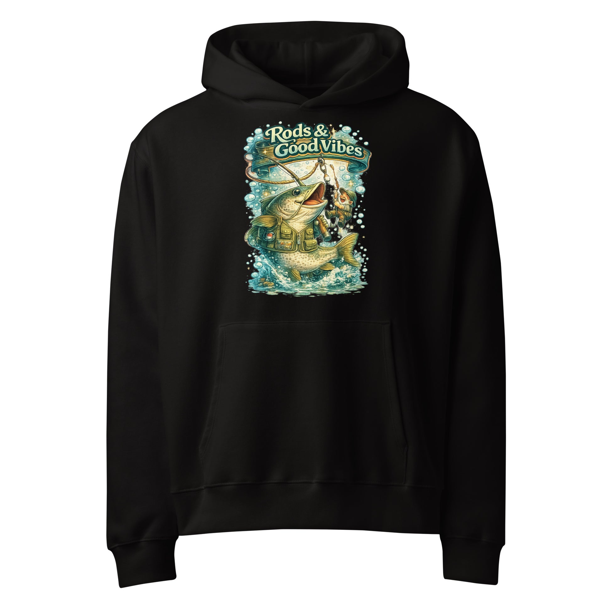 Rods & Good Vibes Heavyweight Oversized Hoodie | Premium Fishing Lovers Graphic Streetwear by printfluence.net