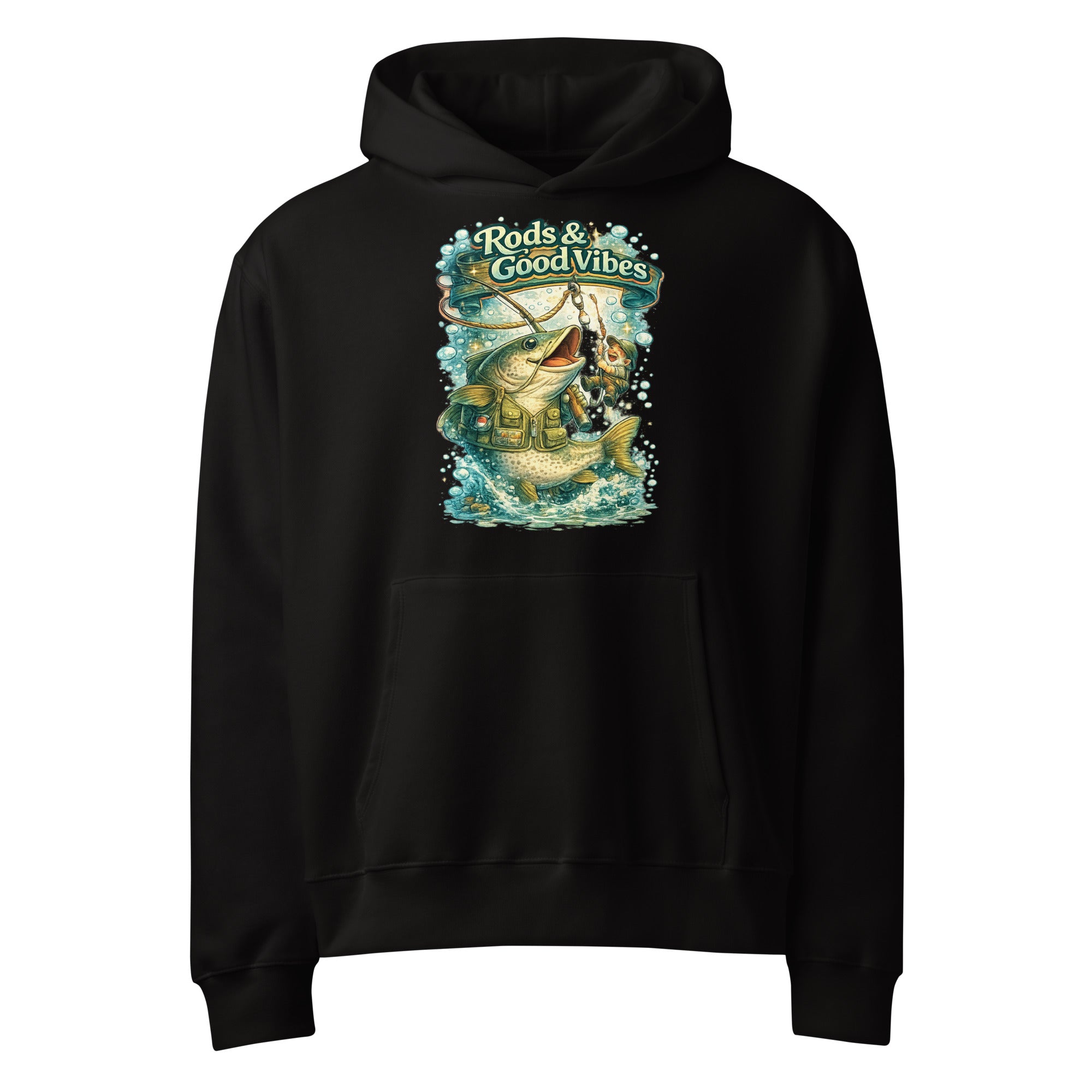 Rods & Good Vibes Heavyweight Oversized Hoodie | Premium Fishing Lovers Graphic Streetwear by printfluence.net
