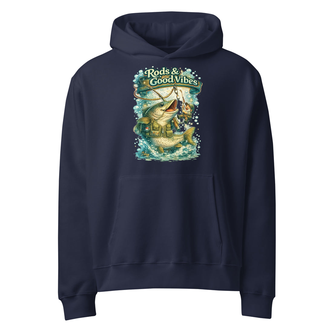 Rods & Good Vibes Heavyweight Oversized Hoodie | Premium Fishing Lovers Graphic Streetwear by printfluence.net