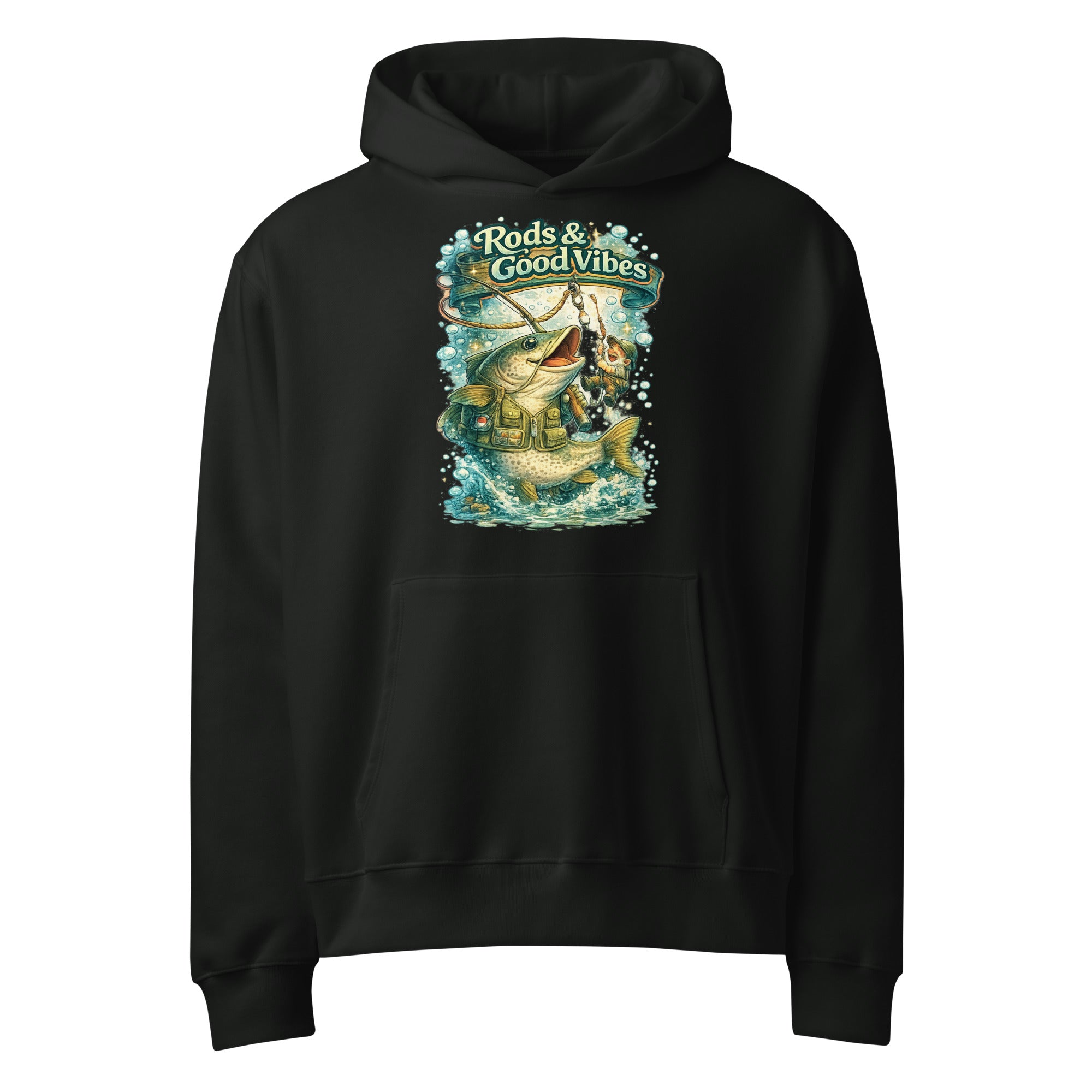 Rods & Good Vibes Heavyweight Oversized Hoodie | Premium Fishing Lovers Graphic Streetwear by printfluence.net