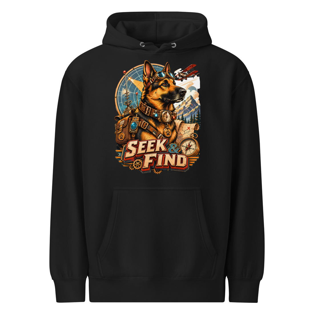 German Shepherd Lovers Mid-Weight Hoodie | "Seek & Find" Vintage Explorer Graphic Sweatshirt by printfluence.net