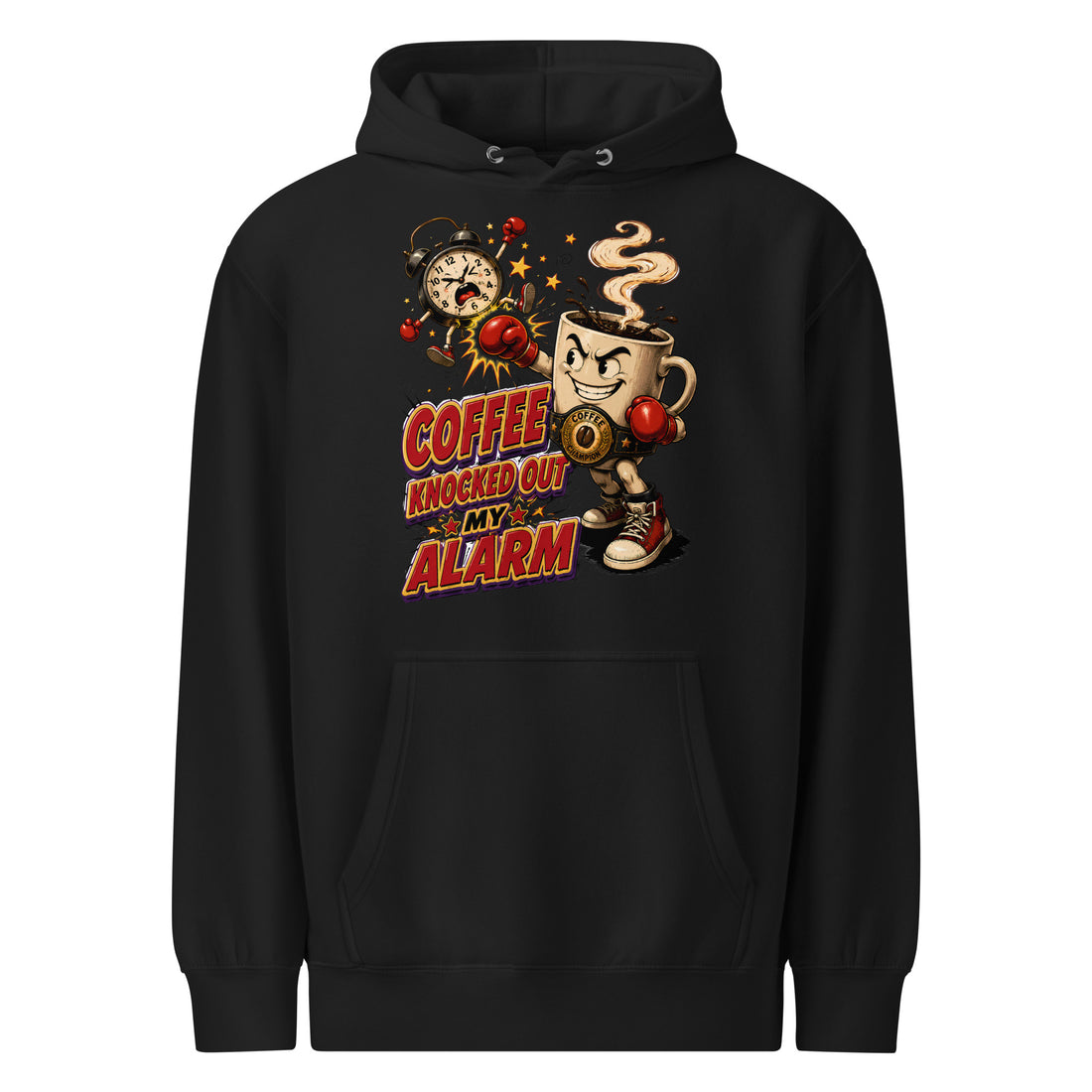 Coffee Lovers Unisex Premium Mid-weight Hoodie Coffee Knocked Out My Alarm – Funny Morning Motivation Graphic Pullover by printfluence.net
