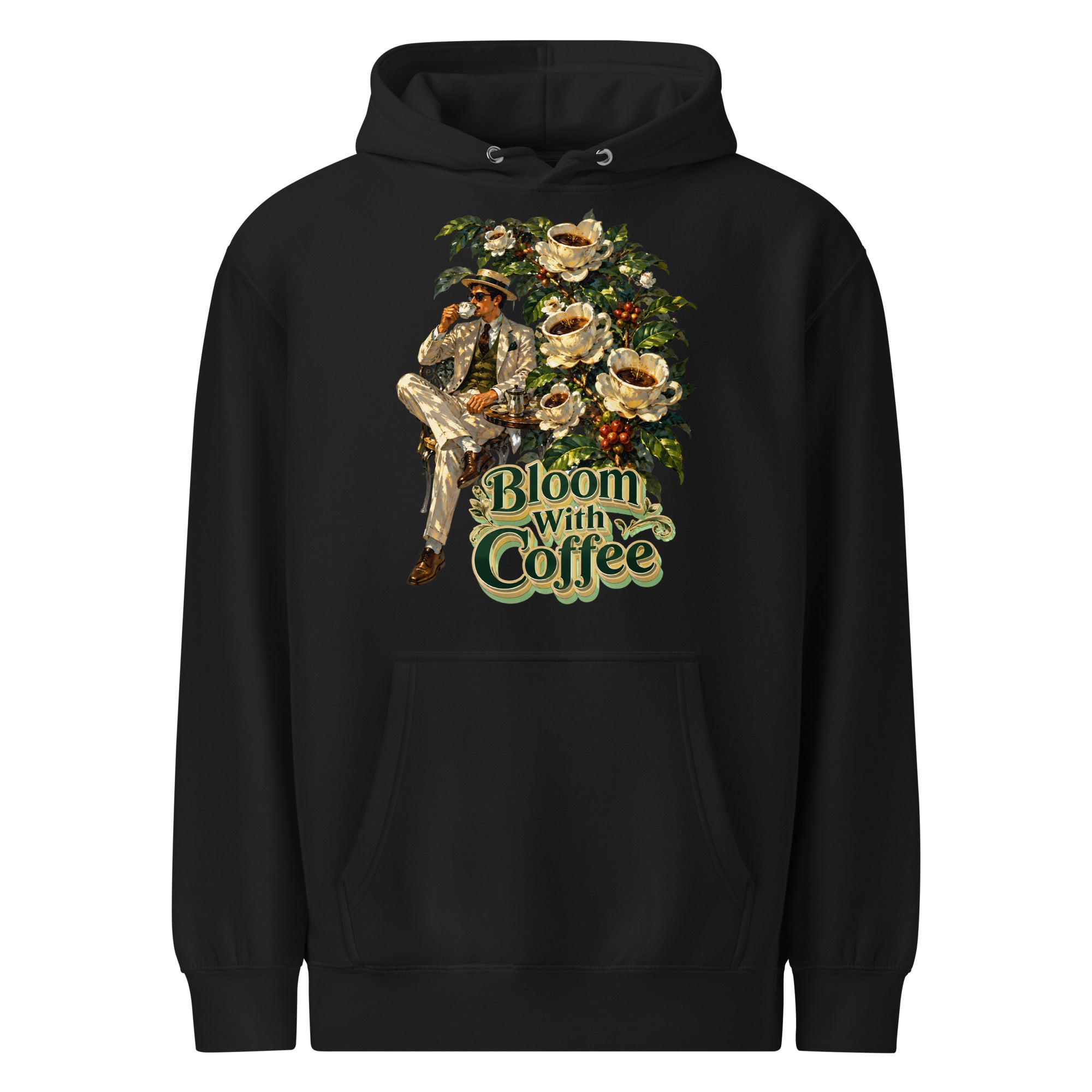 Coffee Lovers Unisex Premium Mid-Weight Hoodie Bloom with Coffee – Vintage Botanical & Gentleman Graphic Pullover by printfluence.net
