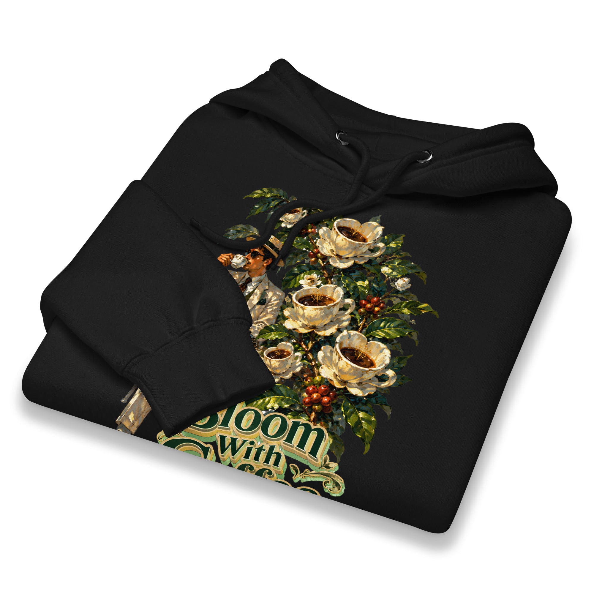 Coffee Lovers Unisex Premium Mid-Weight Hoodie Bloom with Coffee – Vintage Botanical & Gentleman Graphic Pullover by printfluence.net
