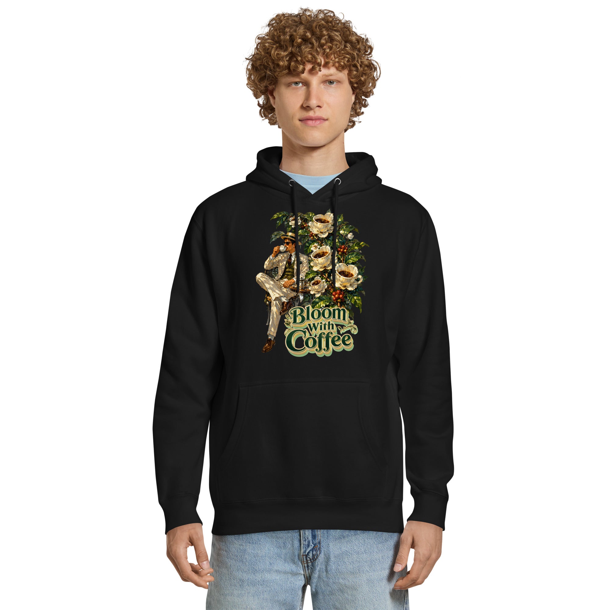 Coffee Lovers Unisex Premium Mid-Weight Hoodie Bloom with Coffee – Vintage Botanical & Gentleman Graphic Pullover by printfluence.net