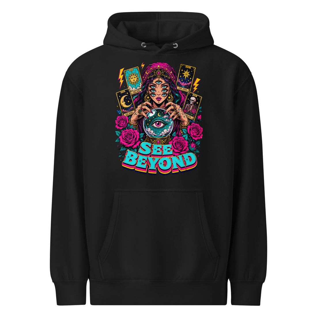 Tarot & Occult Lovers Unisex Premium Mid-Weight Hoodie with Multi-Eyed Fortune Teller and "See Beyond" Design by printfluence.net
