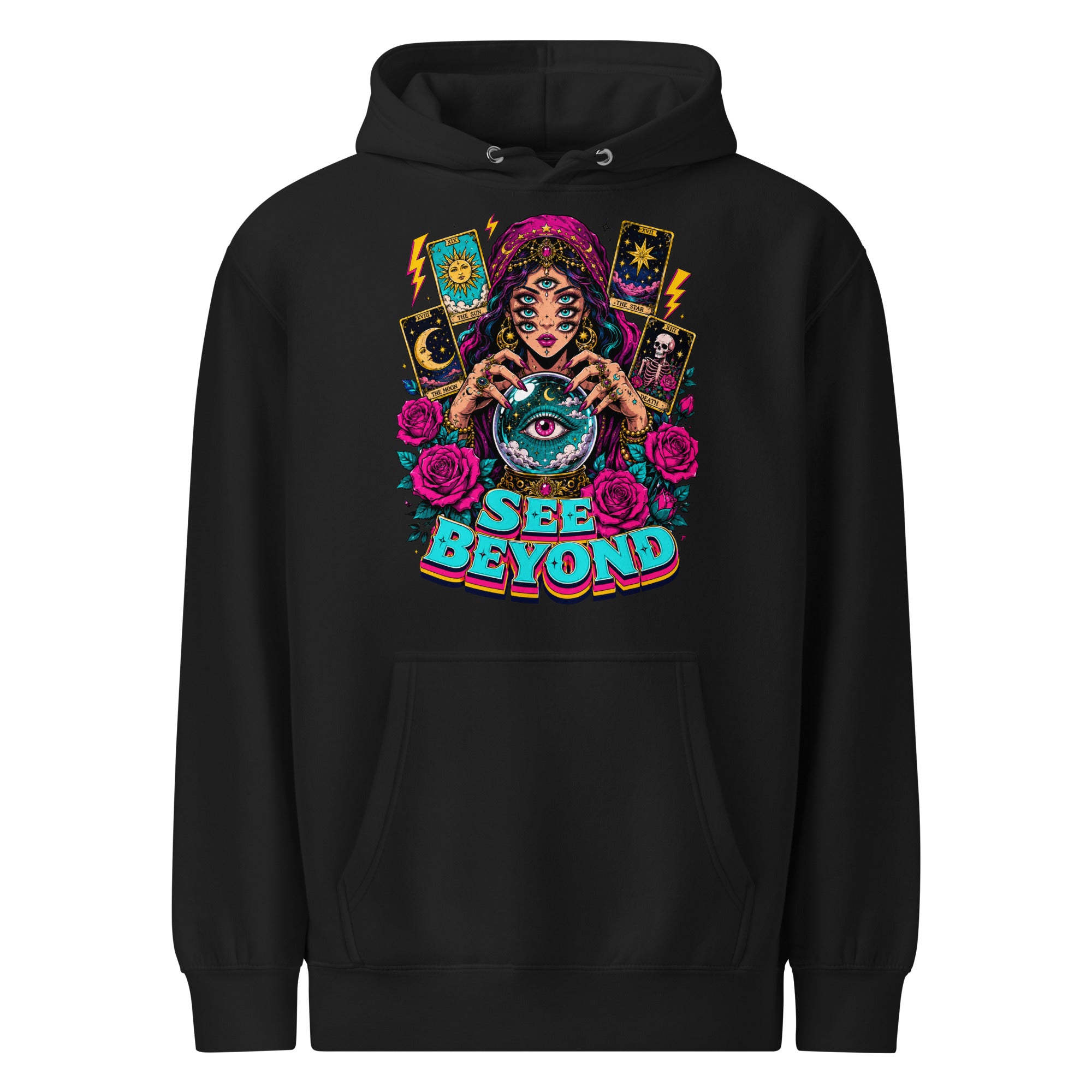Tarot & Occult Lovers Unisex Premium Mid-Weight Hoodie with Multi-Eyed Fortune Teller and "See Beyond" Design by printfluence.net
