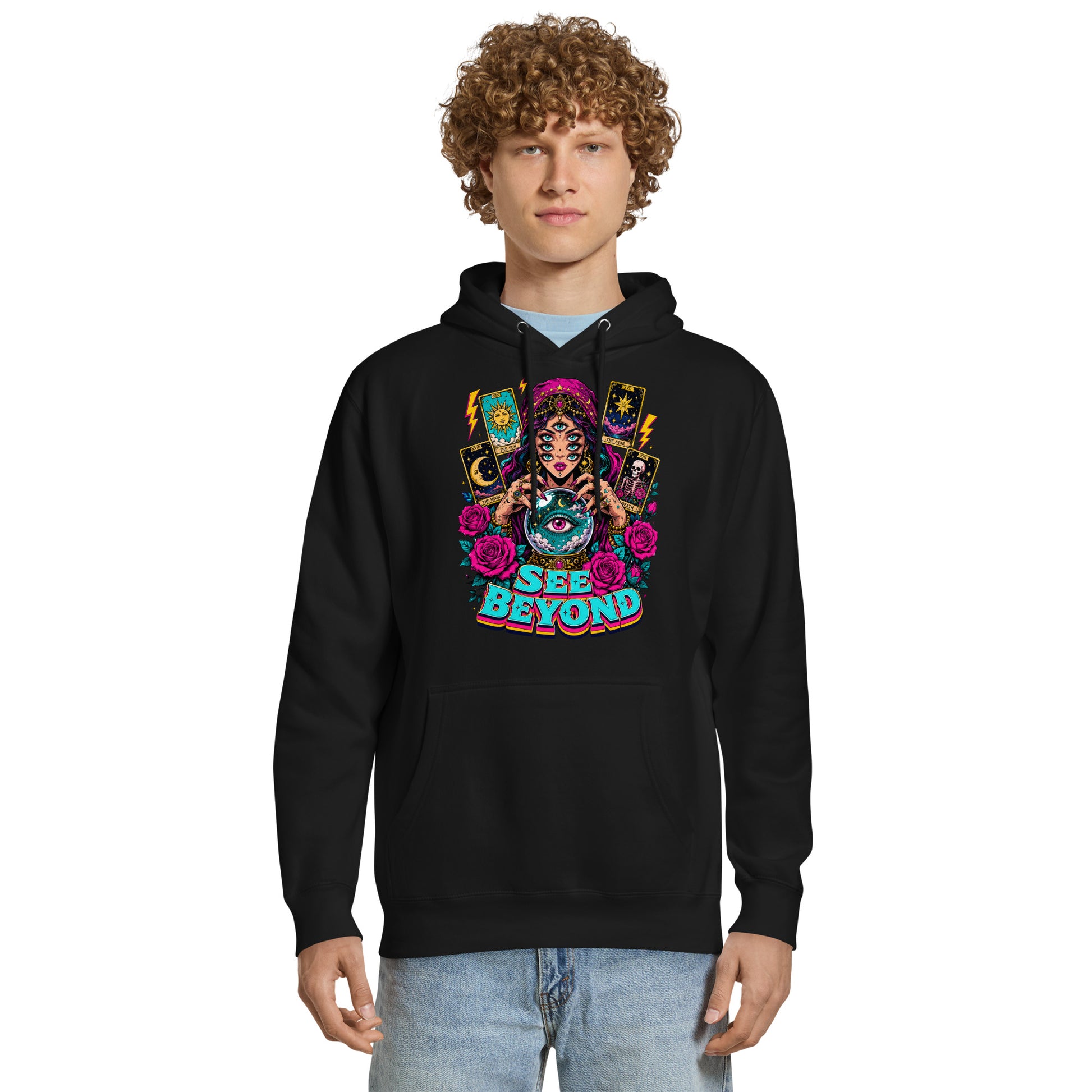 Tarot & Occult Lovers Unisex Premium Mid-Weight Hoodie with Multi-Eyed Fortune Teller and "See Beyond" Design by printfluence.net